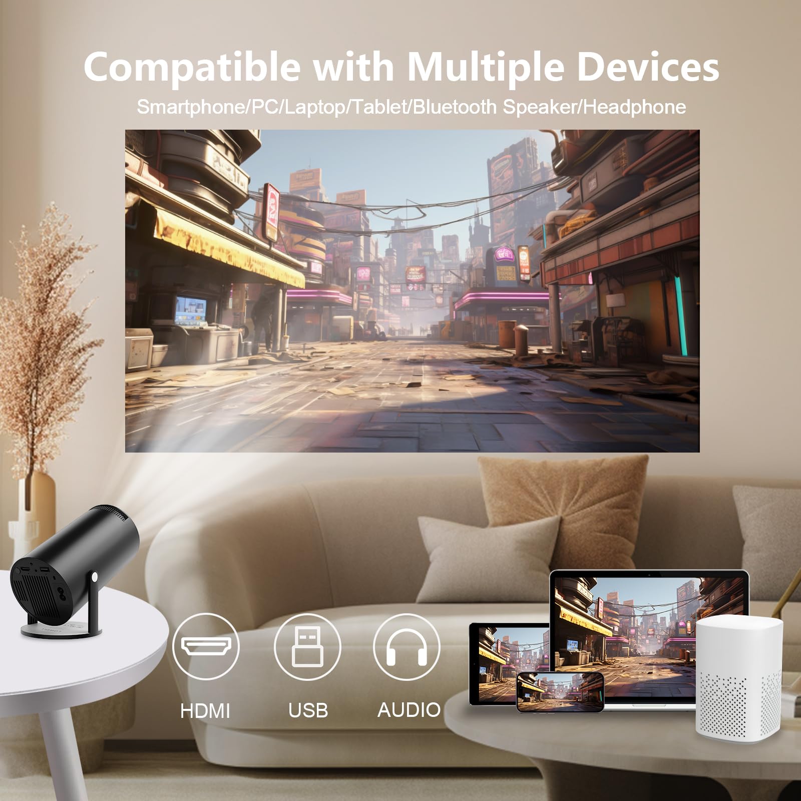 LQWELL® Proiettore, Mini Proiettore, Supporta Wi-Fi 5G, BT5.0 Con Sistema Operativo Android, Correzione Trapezoidale Automatica, Angolo Di 220 Gradi, Schermo Da 130 Pollici Per Telefono/PC, Nero