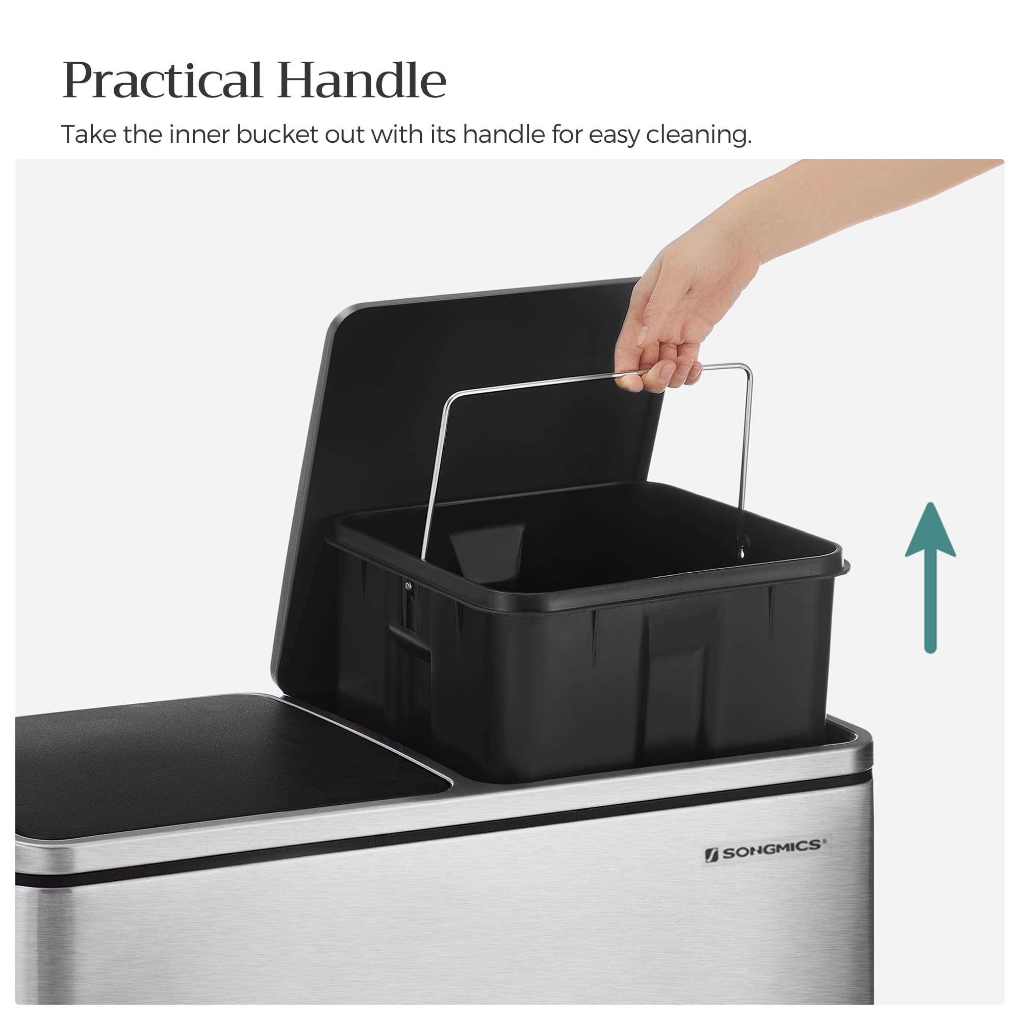 SONGMICS Dual Trash Garbage Can, 16 Gal (60L) Rubbish Bin and 15 Trash Bags, Metal Step Bin