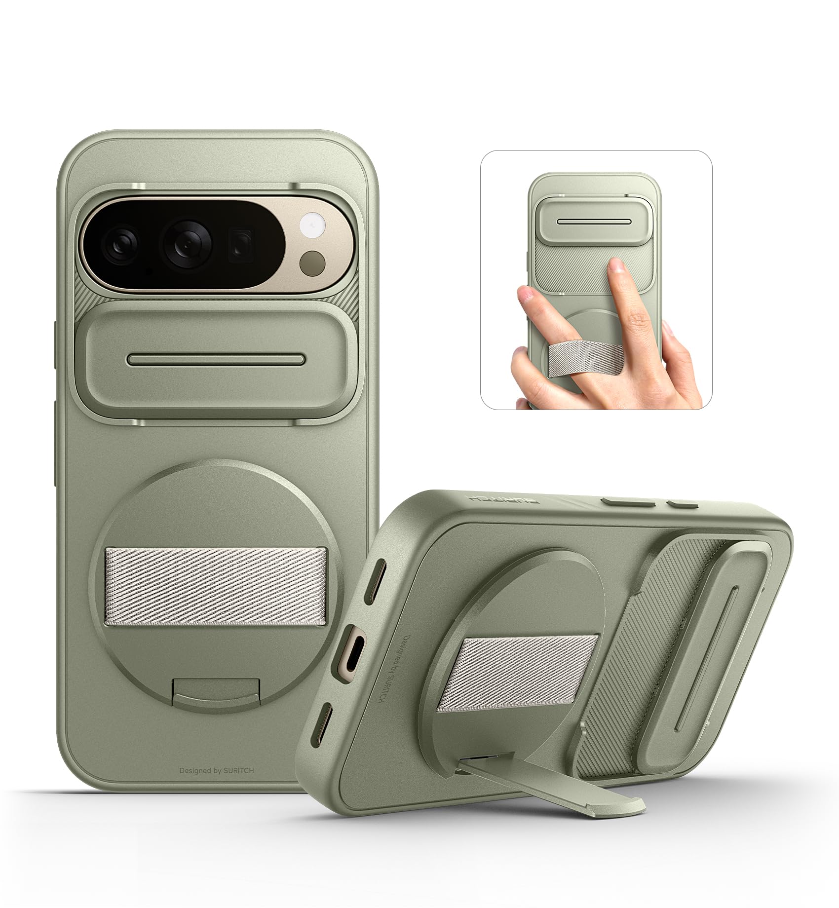 SURITCH for Google Pixel 10 Pro XL Case with 360° Rotatable Hand Strap Phone Grip Holder & Invisible Kickstand & Slide Camera Cover, Protective Cover