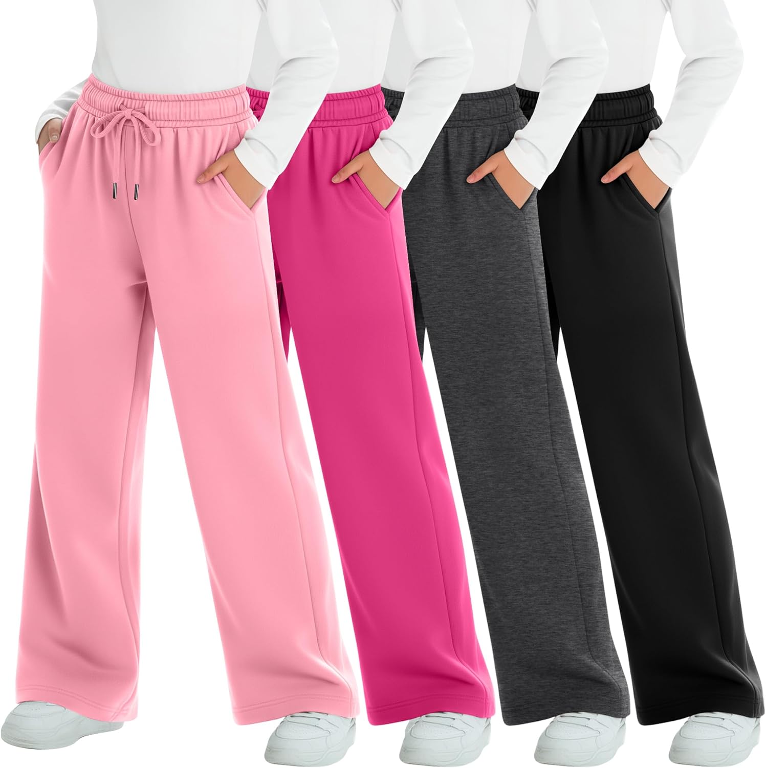 4 Pack Girls Sweatpants 5-14 Years Straight Elastic High Waist Baggy Pants Drawstring Wide Leg Pants Teen Pockets
