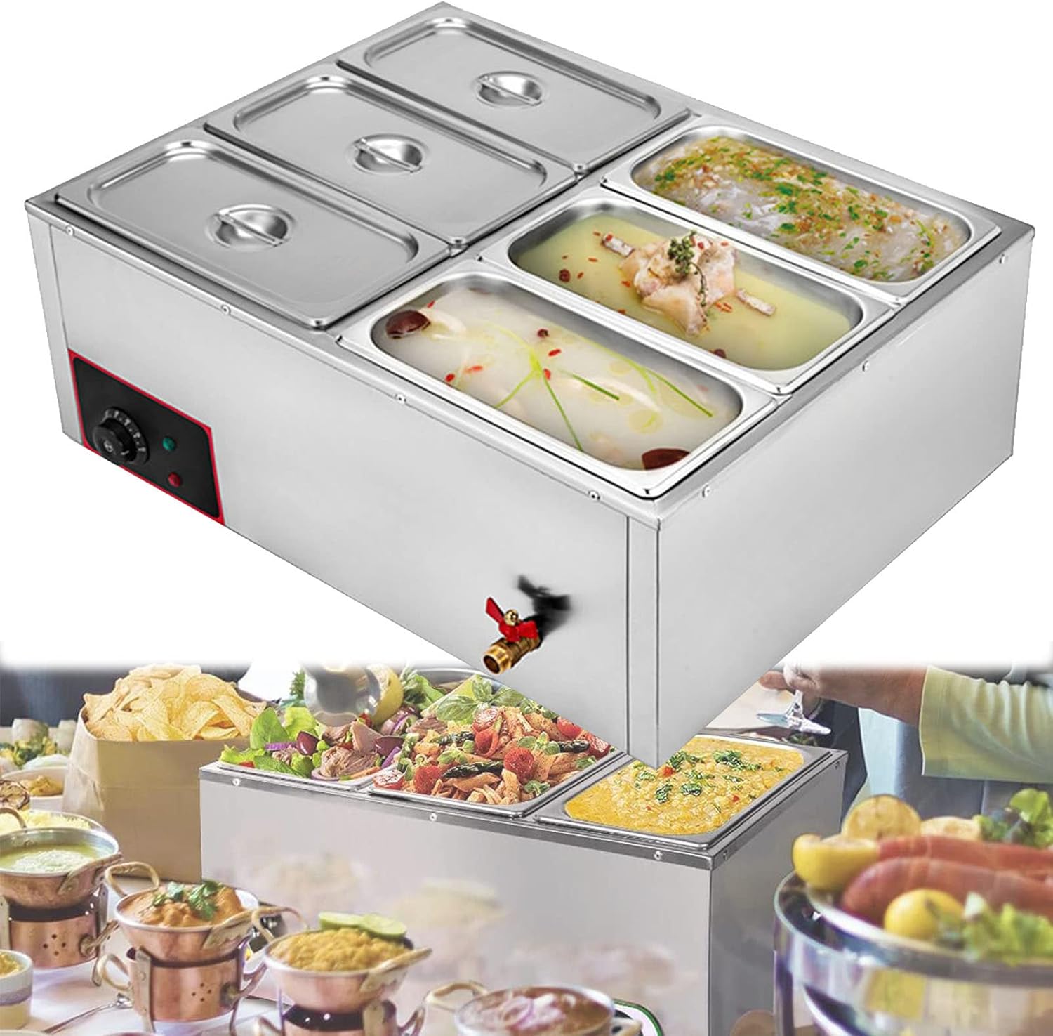 Electric Food Warmer 6 Tray, 7L Table Top Buffet Server 850W with Lids