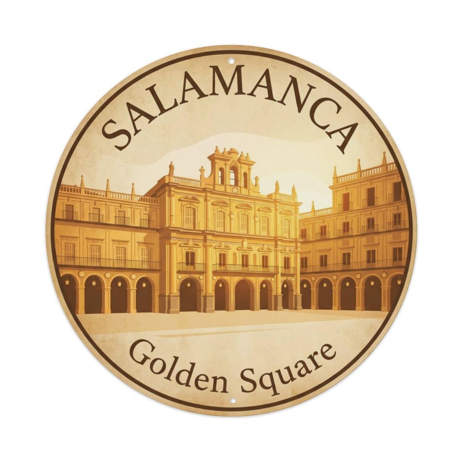 Fqcyn Style Vintage Travel Salamanca Plaza Mayor Metal Tin Sign Plaque Wall Decor For Cafe, Club Bar, Office, Home Garden Round Metal Poster 8X8inch