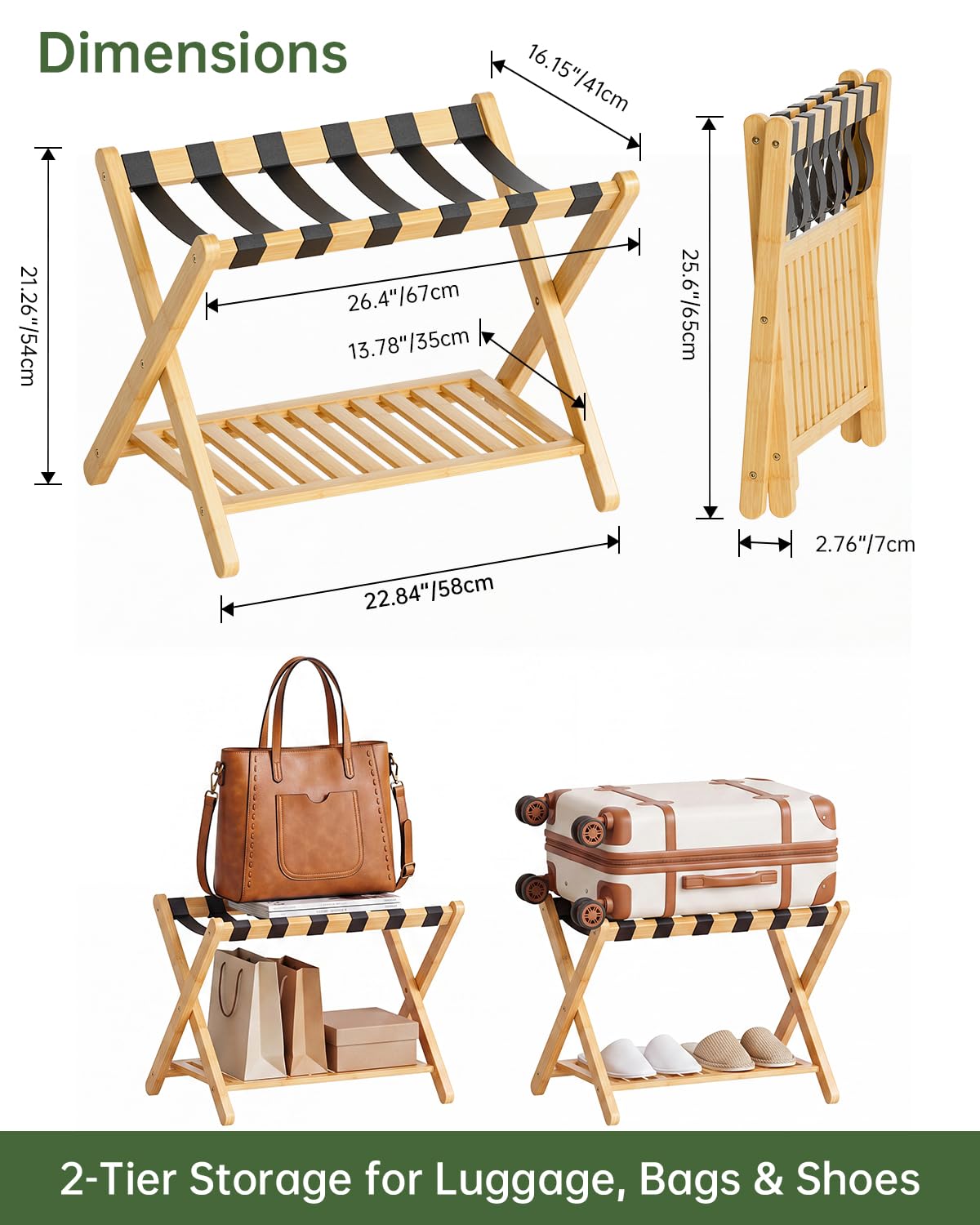 SMIBUY Porte-bagages, support de valise pliable en bambou avec étagère de rangement pour chambre d’amis, chambre, hôtel, robuste (naturel et noir)