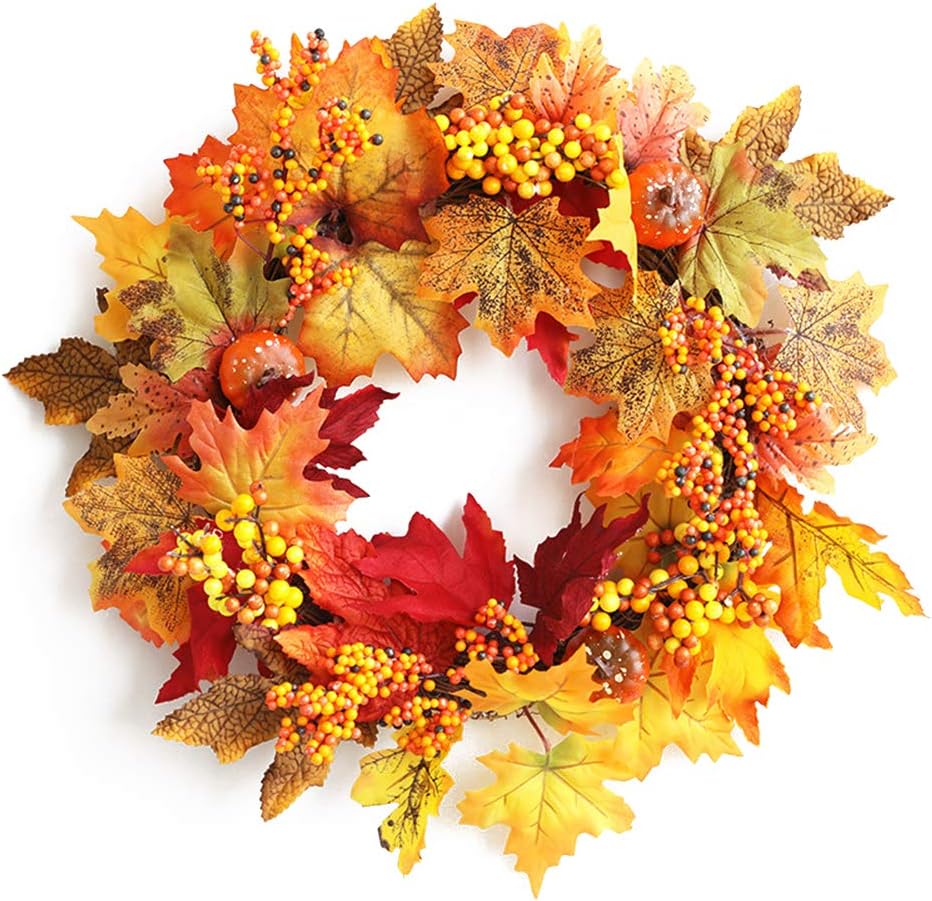 Inlaf Halloween Door Wreath Decorations,45cm Fall Door Wreath Autumn Maple Leaf Pumpkin Pinecone Harvest Wreath for Front Door Thanksgiving Halloween Decorations Home Decor