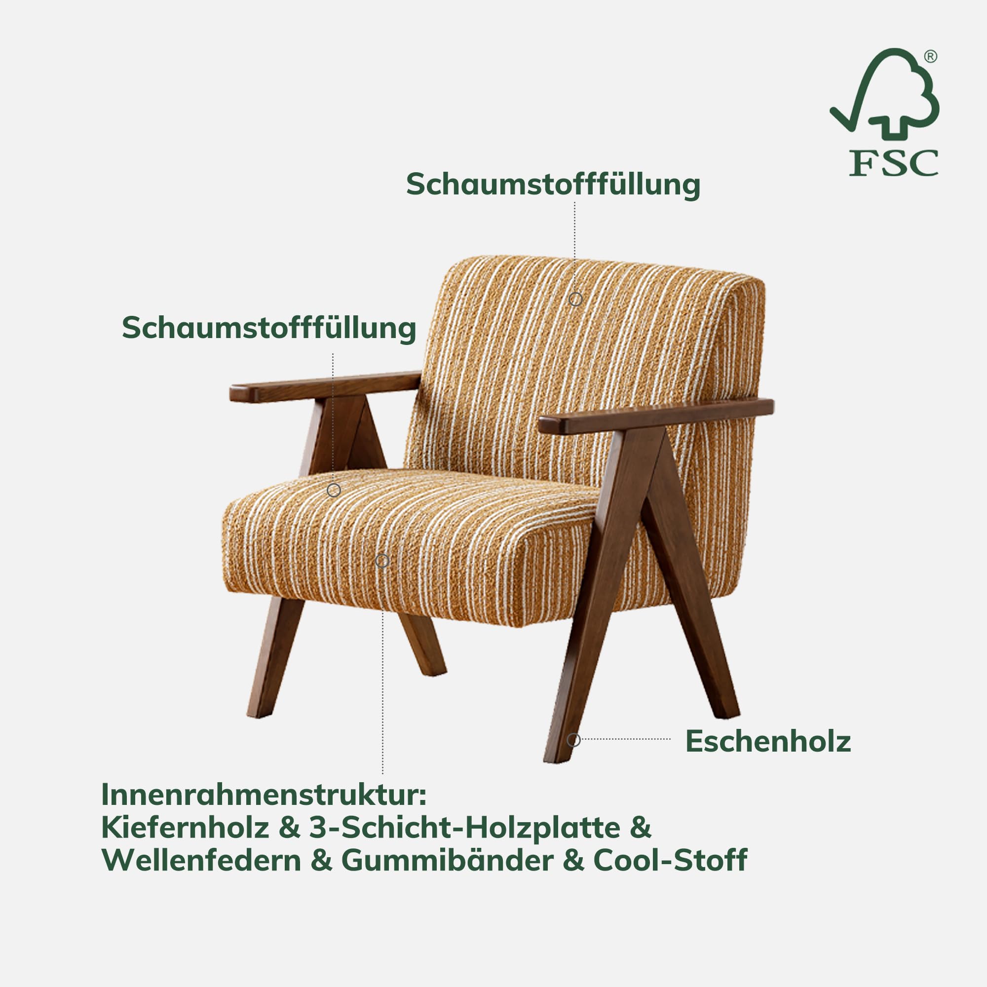 YESWOOD Sessel Wohnzimmer, Gepolsterter Loungesessel mit Massivholzrahmen, Stilvoller Lesesessel für Wohnzimmer, Schlafzimmer & Balkon, Gelb/Weiß Streifen – 79T x 74B x 82H cm