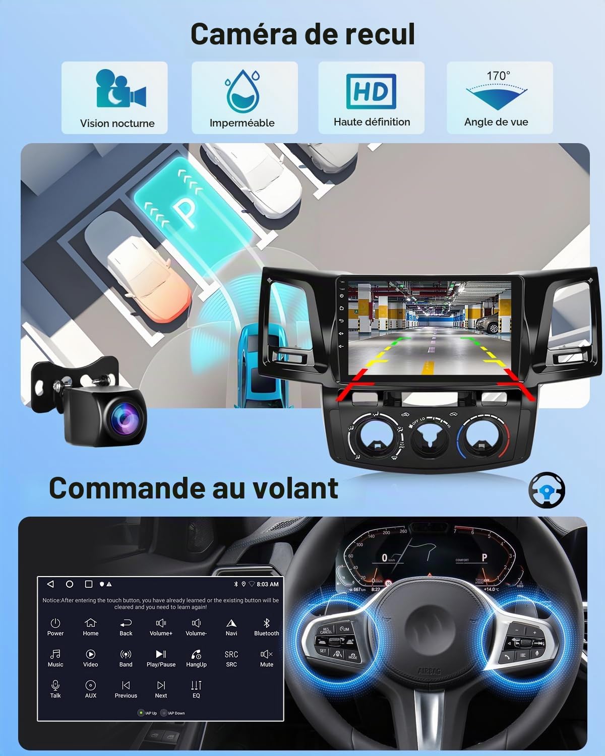 NHOPEEW Autoradio Android 2G+64G pour Toyota Hilux 2005-2014 - sans Fil Carplay & Android Auto - Stéréo Android 9 Pouces avec WiFi EQ GPS Mirror Link FM RDS + AHD Caméra de recul&Mic