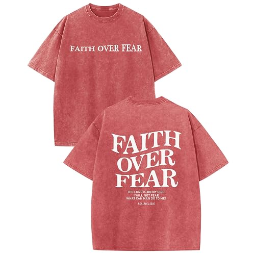 Weetiotio Christian Faith Over Fear Shirt for Men Jesus Religious Shirts Oversized Graphic Tees Acid Wash God T-Shirt