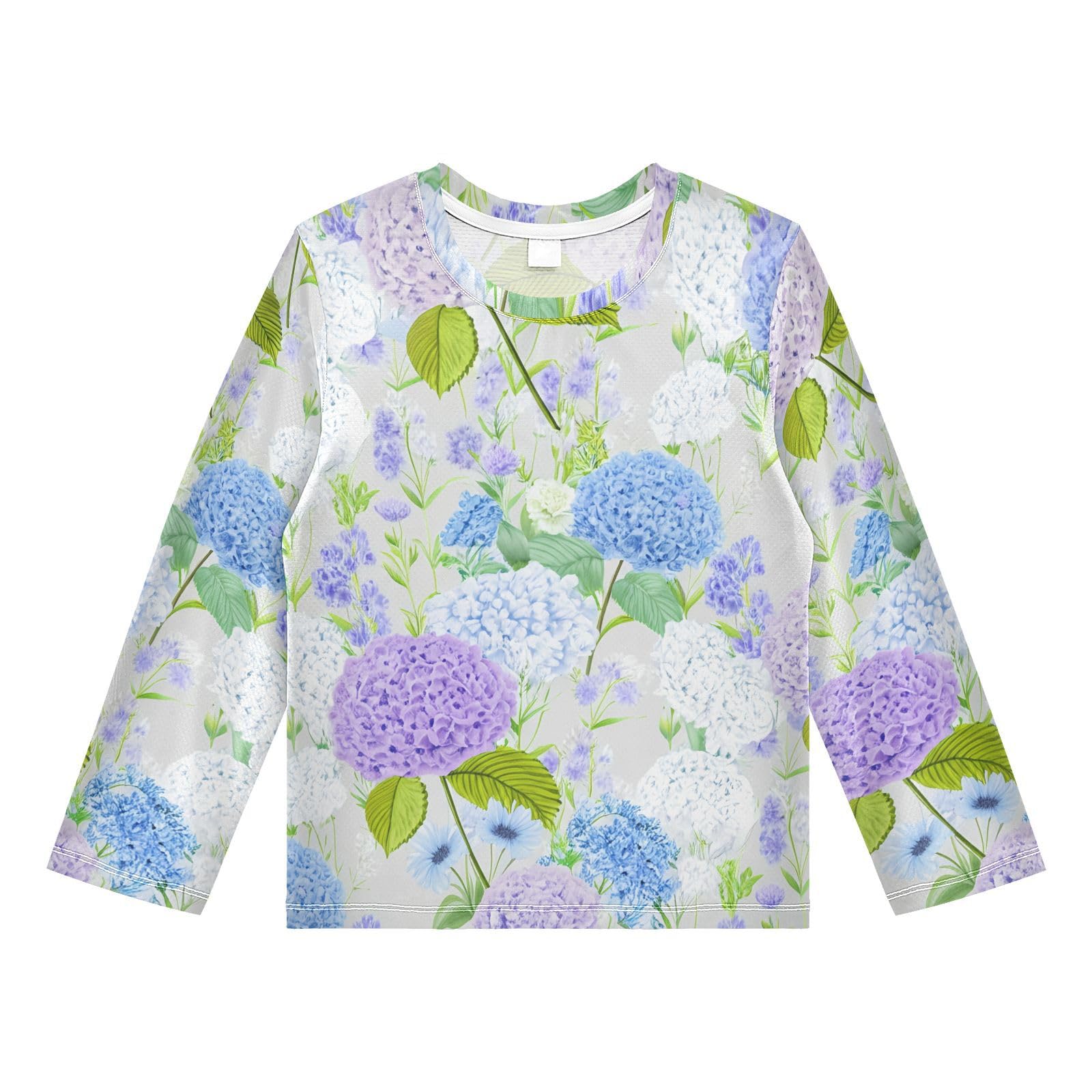 DOMIKING Lavender Floral Gray Boys Long Sleeve Rashguard Shirt Kids Quick Dry Swim Shirt for Running Swiming Pool 9-10T