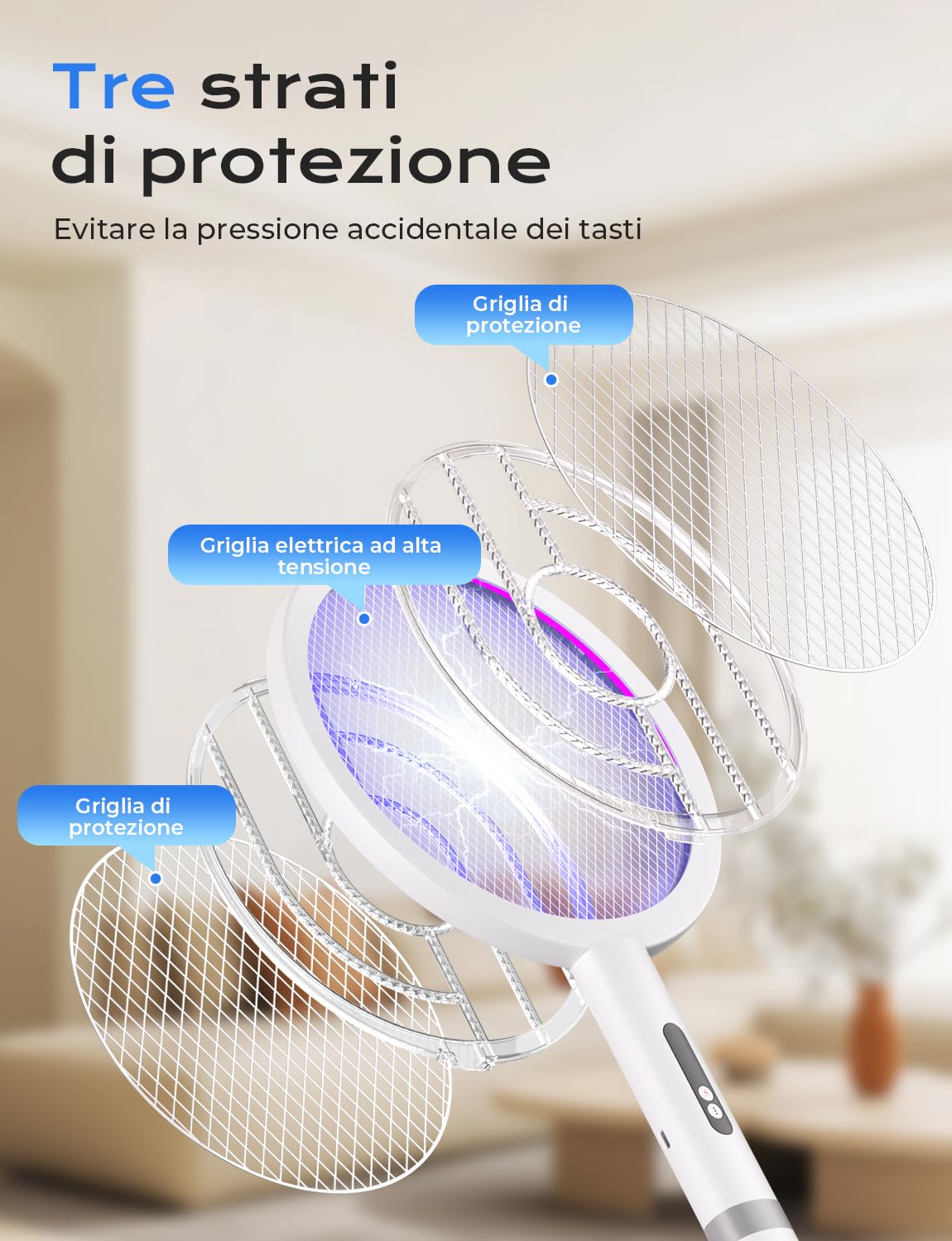 YISSVIC Racchetta Zanzare Elettrica, Racchetta Anti Insetti, 1800mah, Paletta Potente 4000V, Base Ricaricabile, Ricarica USB-C Contro Zanzare, Falene Volanti, Bianco