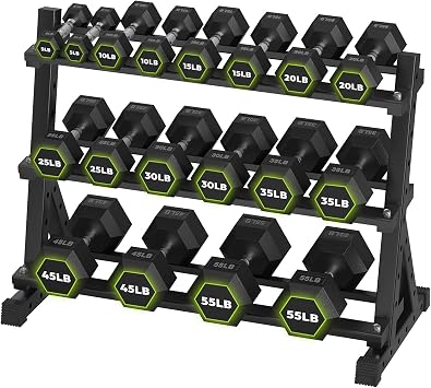 HANDBODE Rubber Coated Hex Dumbbell Set with Rack, 300-840 lb | Fixed Weights Sets with Heavy Duty Storage Stand, Multiple Weight Options Home Gym Equipment for Strength Training