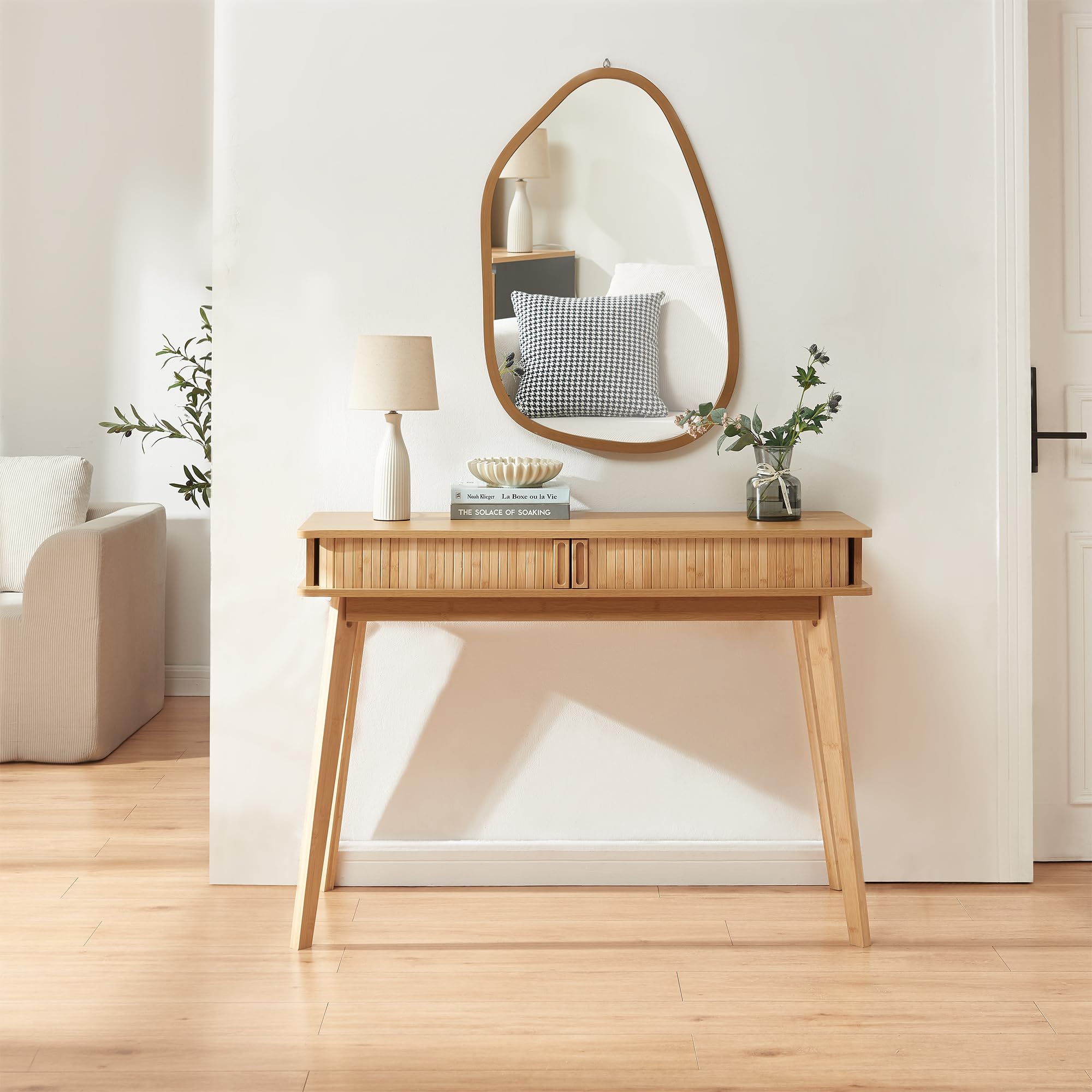 [en.casa] Tavolo a Consolle con 2 Ante Scorrevoli e Gambe in Bambù Mobile Alto Stretto Tavolo da Ingresso con Vani Chiusi per Soggiorno Studio 110 x 40 x 78 cm - Naturale