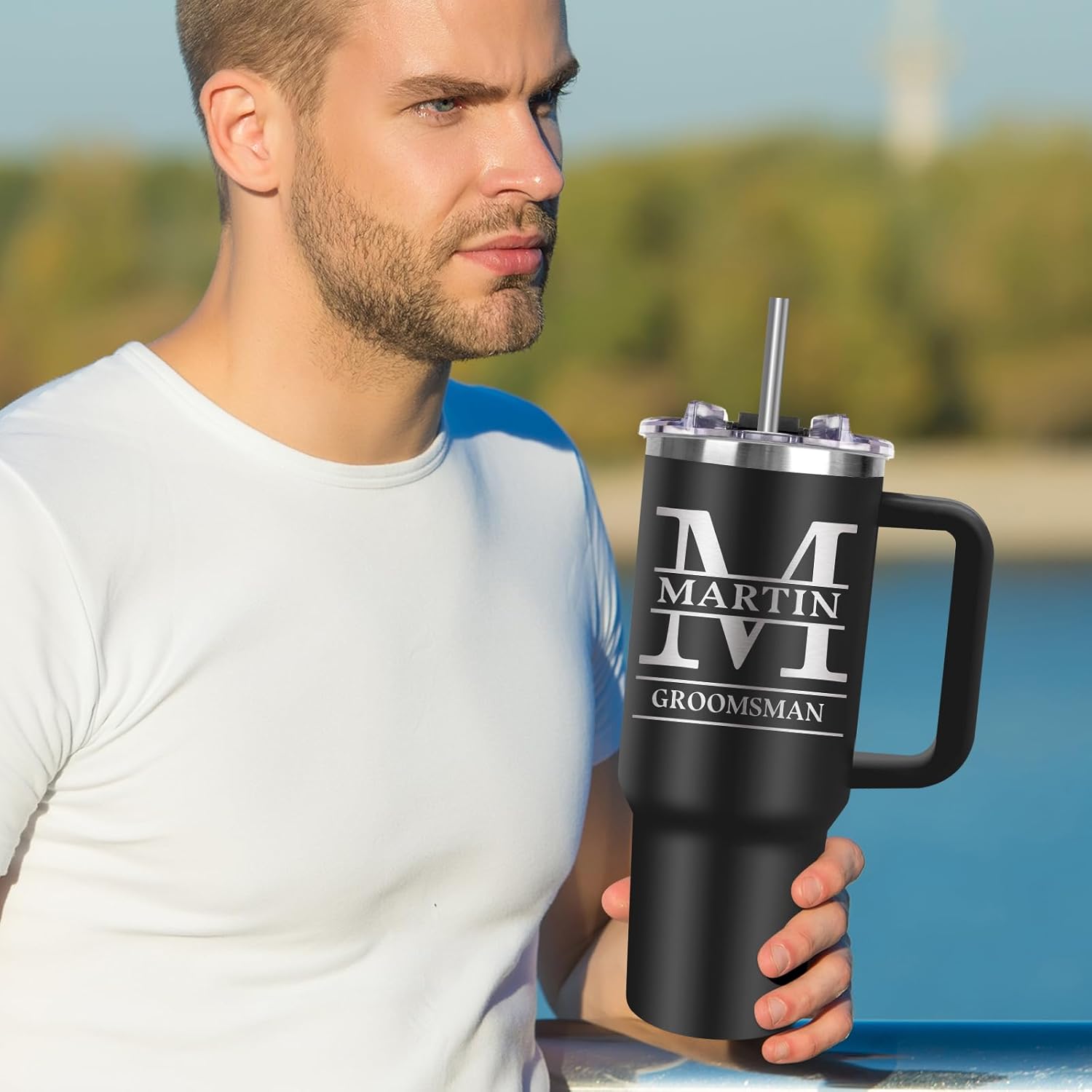 Personalized 40 oz Tumbler with Handle and Straw Gifts for Mom Dad Personalized Tumbler with Name Stainless Steel Travel Coffee Mug Cup Water Bottle Father's Day Gifts Personalized Gifts for Women Men