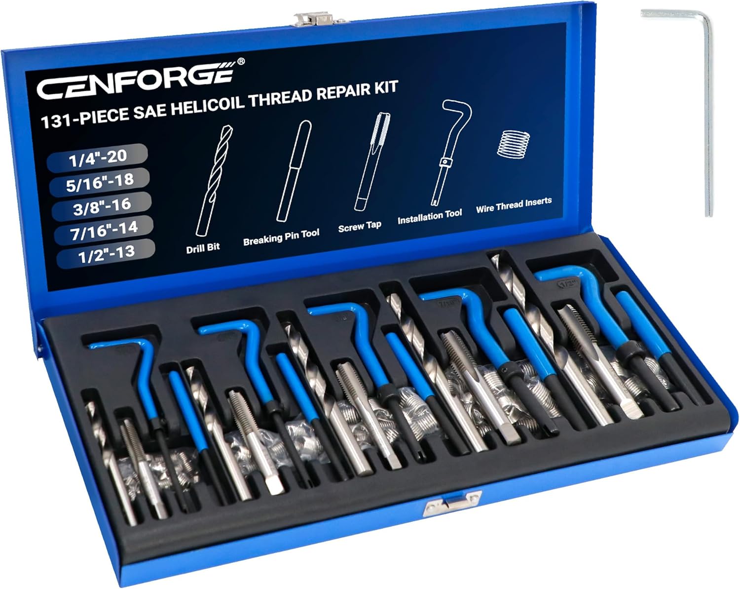 SAE Helicoil Thread Repair Kit, 131-Piece SAE Threaded Insert Kit with HSS Drill Bits & 304SS Inserts | 1/4" 5/16" 3/8" 7/16" 1/2" Sizes | Portable Case for Automotive & Industrial Repair