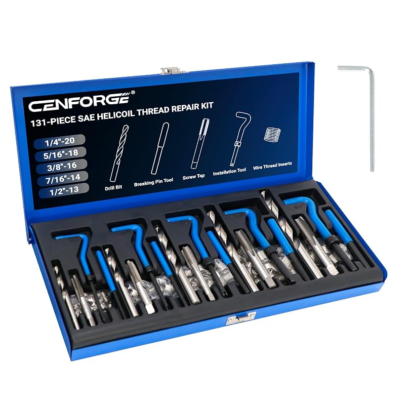 Kit de Reparo de Rosca SAE CENFORGE 131 Peças com Insertos em Aço Inoxidável 304, Brocas HSS e Ferramentas de Instalação