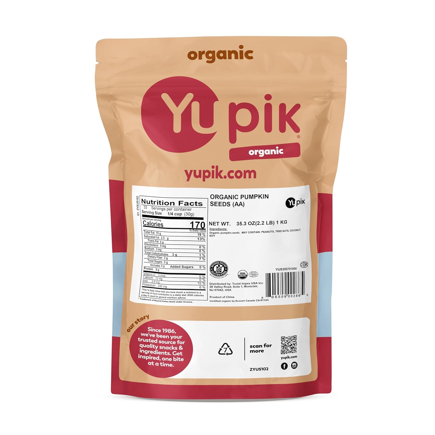 Yupik Organic Raw Pumpkin Seeds,No Shell,2.2 lb (35.2 oz),Gluten-Free,Non-GMO,Kosher,Vegan,Shelled Pepitas,Salt-Free,Plant-Based Protein,Fiber Source,Healthy Snacks,For Baking & Topping,(Pack of 2)