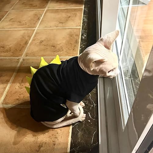 Miniatura 5 de Sphynx - Ropa para gatos sin pelo con diseño de dinosaurio, lindas camisas de algodón transpirable para verano, disfraz de gato, ropa para mascotas,