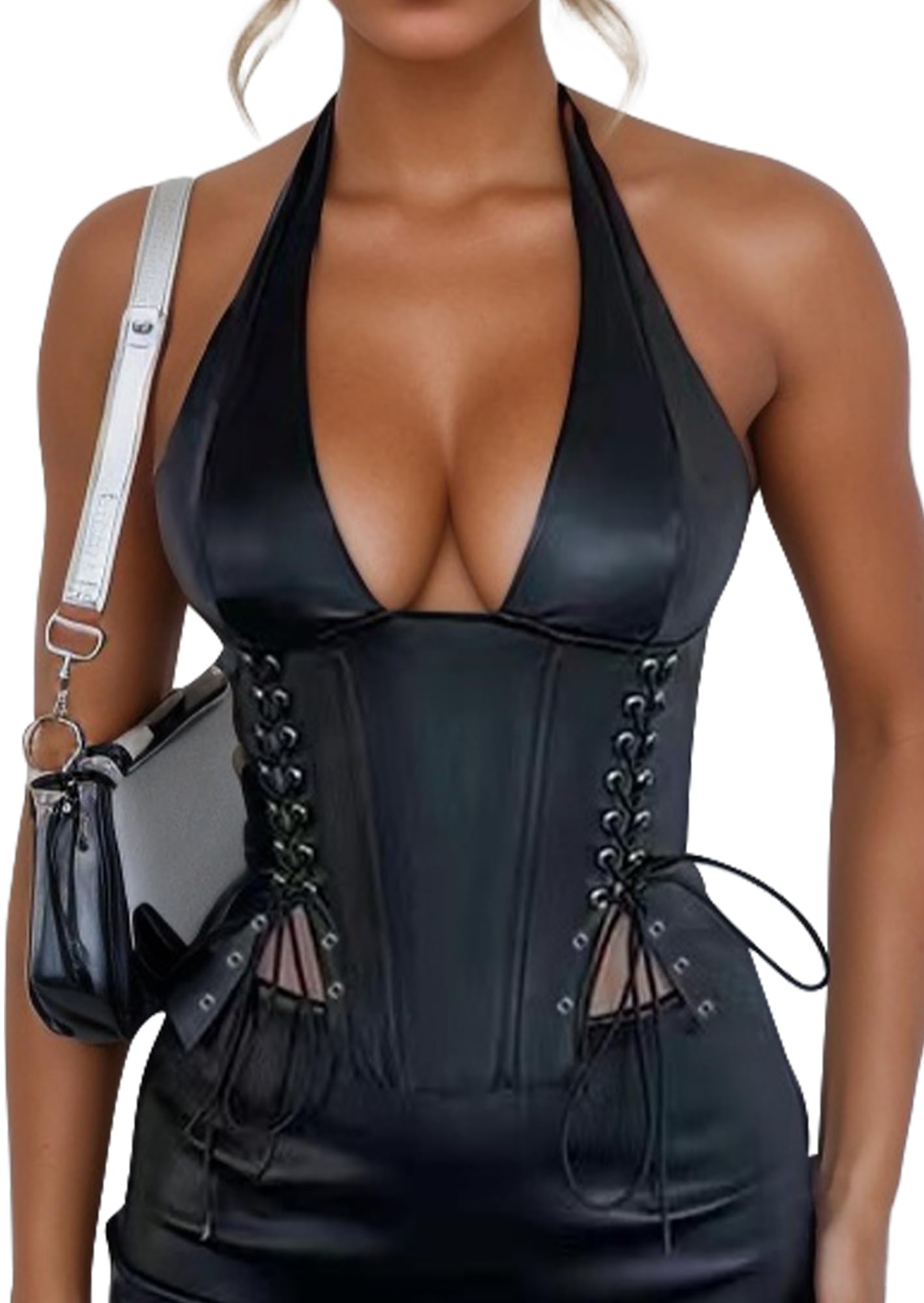 FEOYA Women's Sexy Halter Neck PU Leather Bustier Top Adjustable Backless Crop Vest with Tie Straps