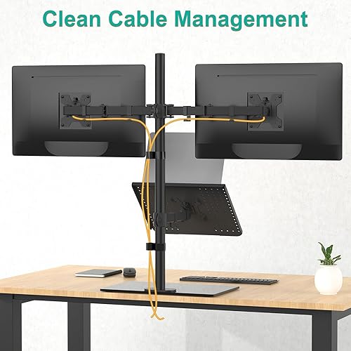 Miniatura 4 de WALI Soporte para monitor doble con soporte para laptop, soporte de altura ajustable para computadora portátil, se adapta a monitores de hasta 27