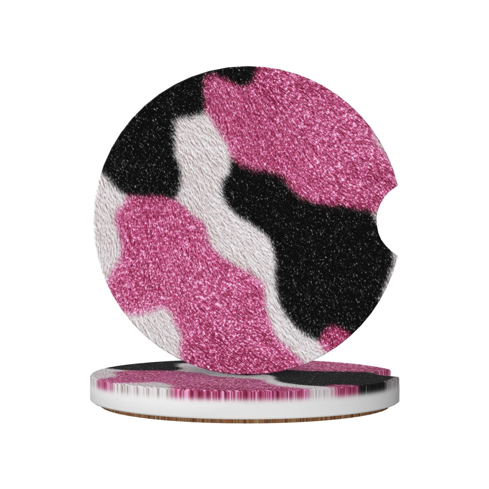 Pink Glitter Cowhide Texture Black White Ceramic Coasters,2pcs