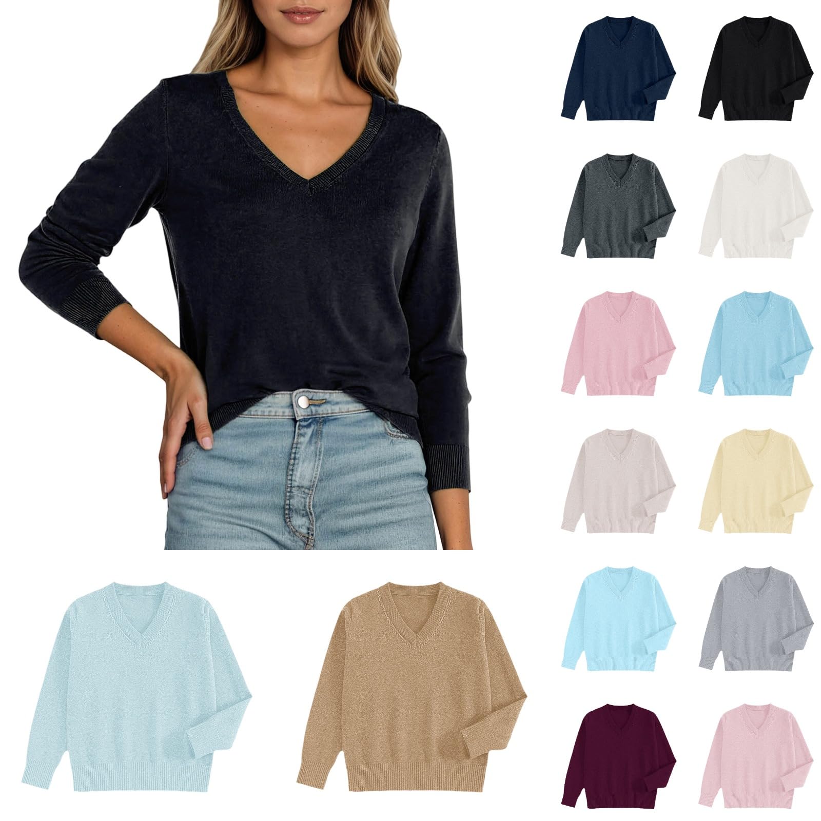 Cashmere Sweaters for Women V Neck Long Sleeve Ribbed Oversized Sweaters Long Sleeve Soft Fall Winter Fashion Tops