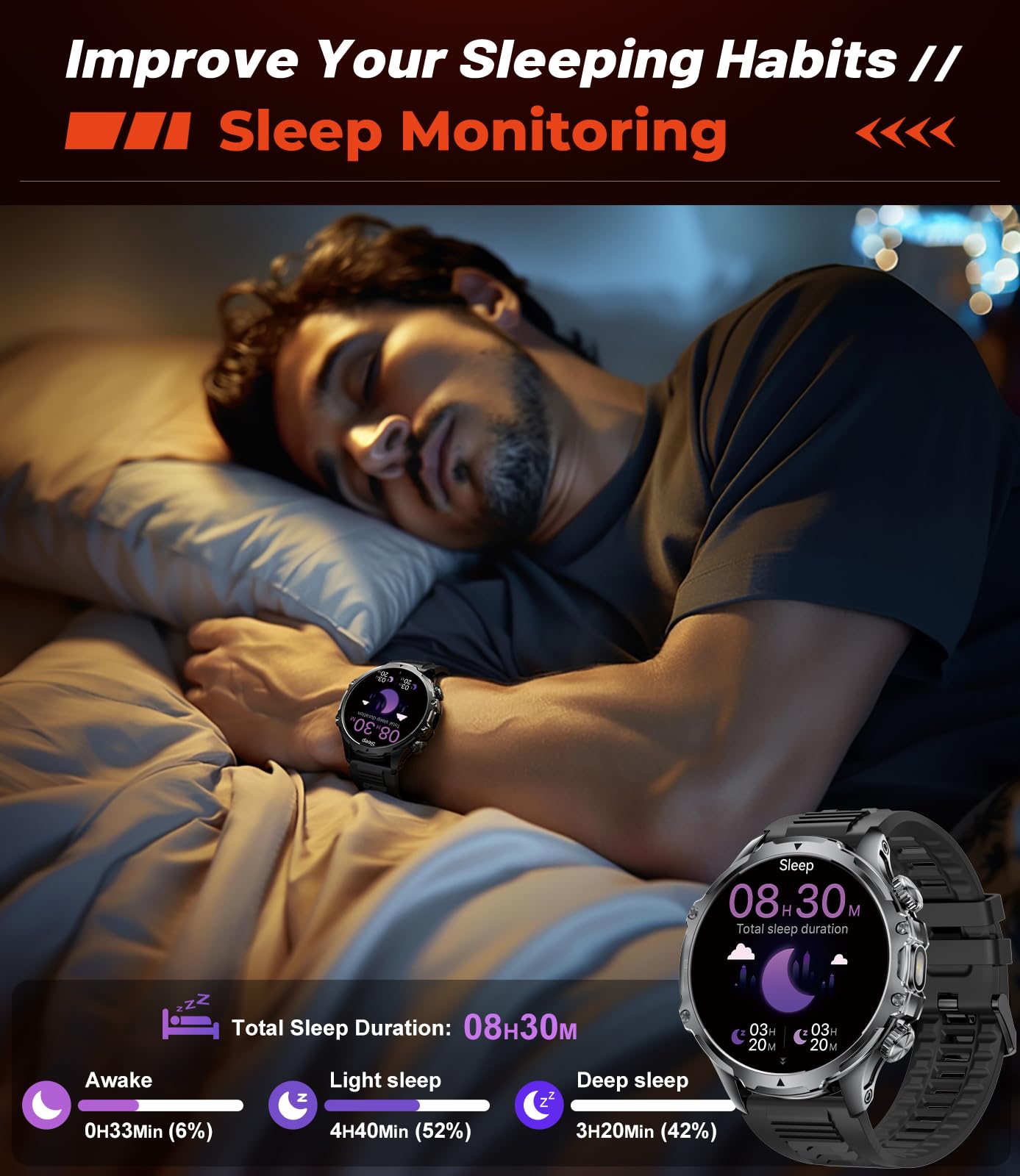 Montre intelligente pour homme - Répondre/passer des appels - Grande batterie de 4,70 cm - HD - Grand cadran rond - Pour iOS et Android - Tracker de fitness - Lampe de poche, fréquence