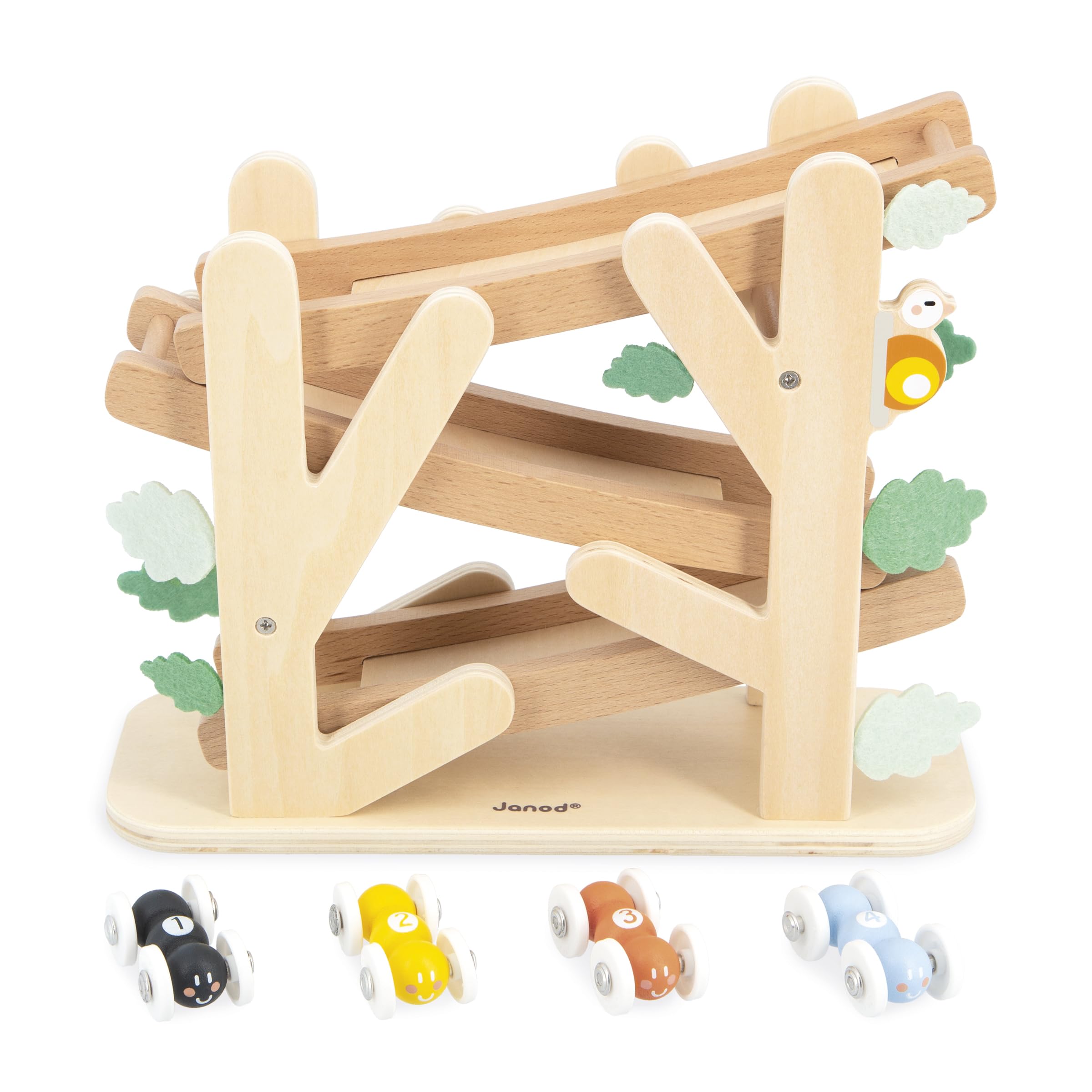 Janod - Descendeur en Bois sur 3 Niveaux- Toboggan des Fourmis avec 4 Voitures incluses - Jouet d'Eveil et Premier Âge - Apprentissage Motricité Fine - Dès 1 an - J04038