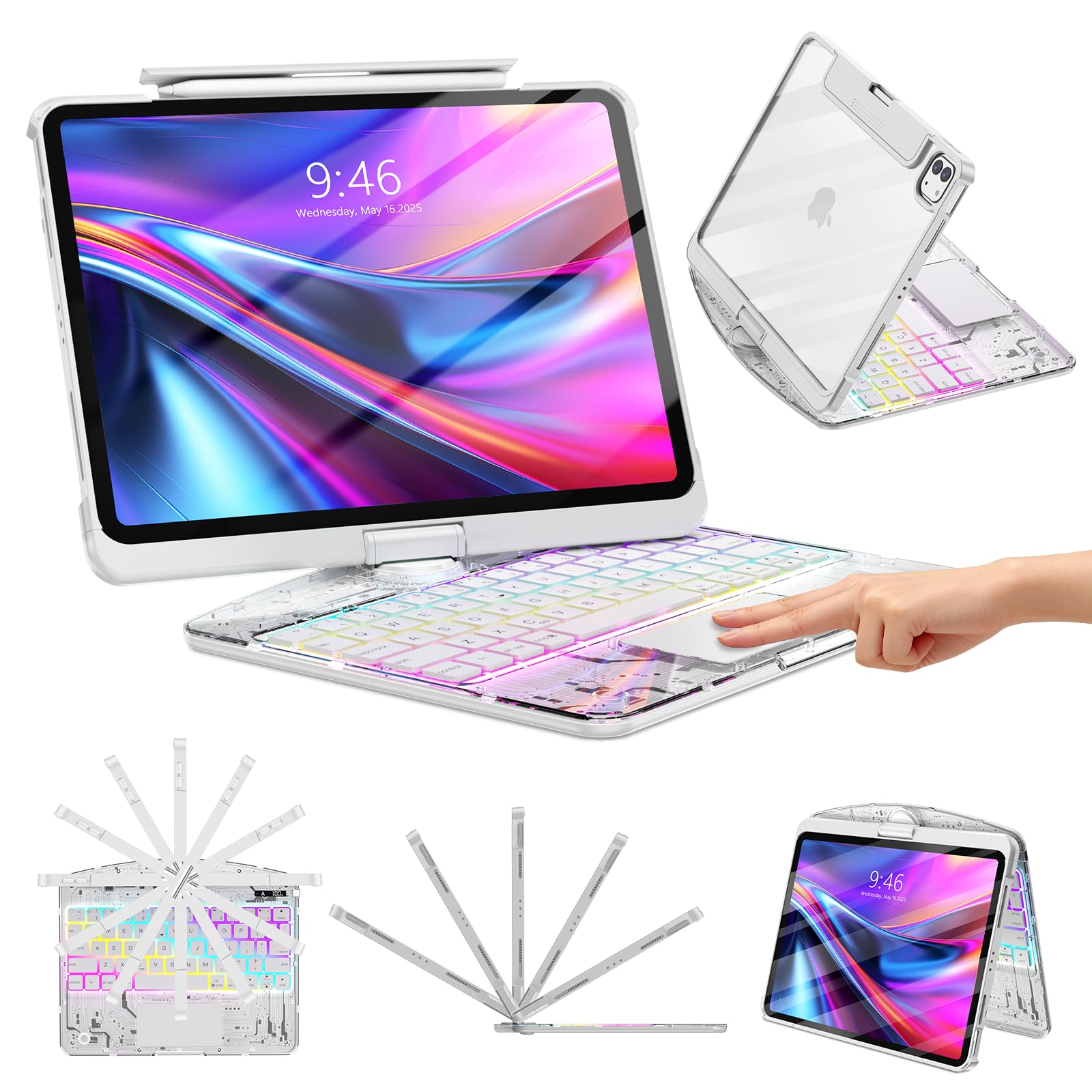 Photo 1 of TSQQST Clear Wireless Keyboard Case for iPad Pro 13 Inch M5/M4 2025/2024 with Pencil Holder & Multi-Touch Trackpad, Visible PCB High-Tech Style, 3-Brightness & 7-Color Backlight, 360 Rotatable, White