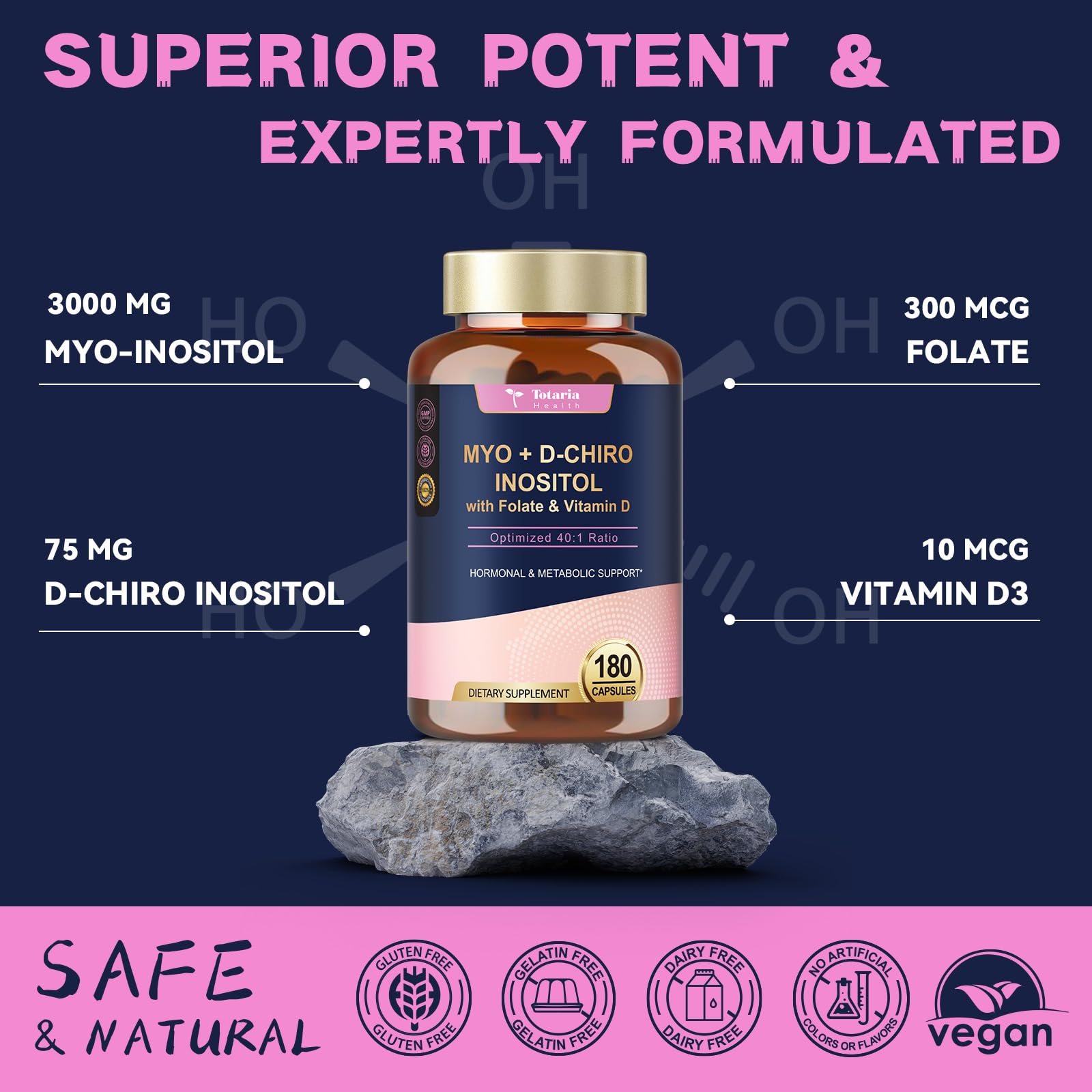 Totaria Inositol Supplement for Women with Vitamin D3, Folate, 40:1 Ratio Myo-Inositol & D-Chiro Inositol Complex, (Vitamin B8) Inositol Capsules, 180 Capsules, 60 Servings, 2 Month Supply — Amazon image 6