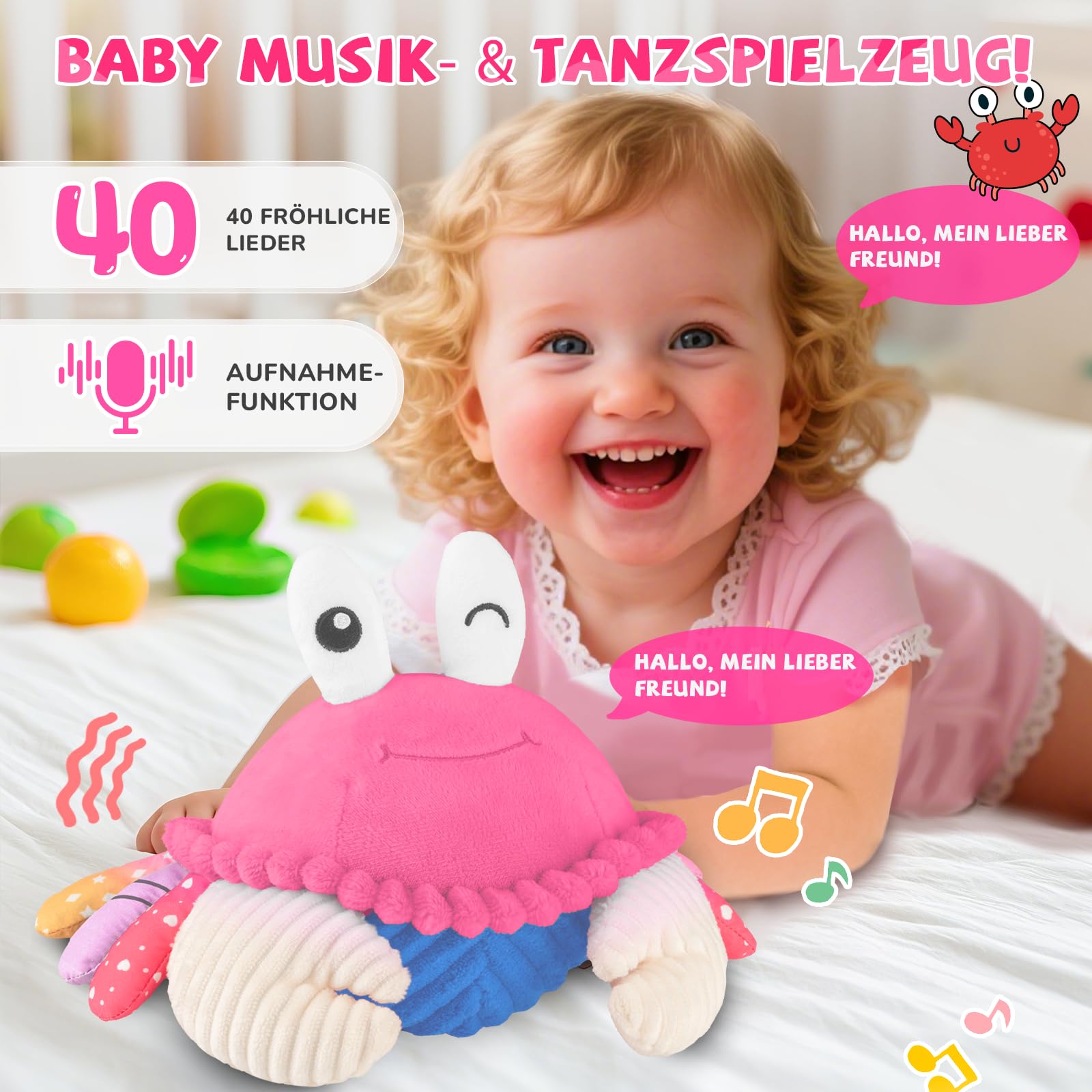 SAIMAND Krabbe Baby Toy 6 7 8 9 10 12 mesi, giocattolo per gattonare musicale, Crawling Crab Tummy Time Toy, giocattolo per bambini a partire da 1 2 anni, regalo per neonati (rosa)