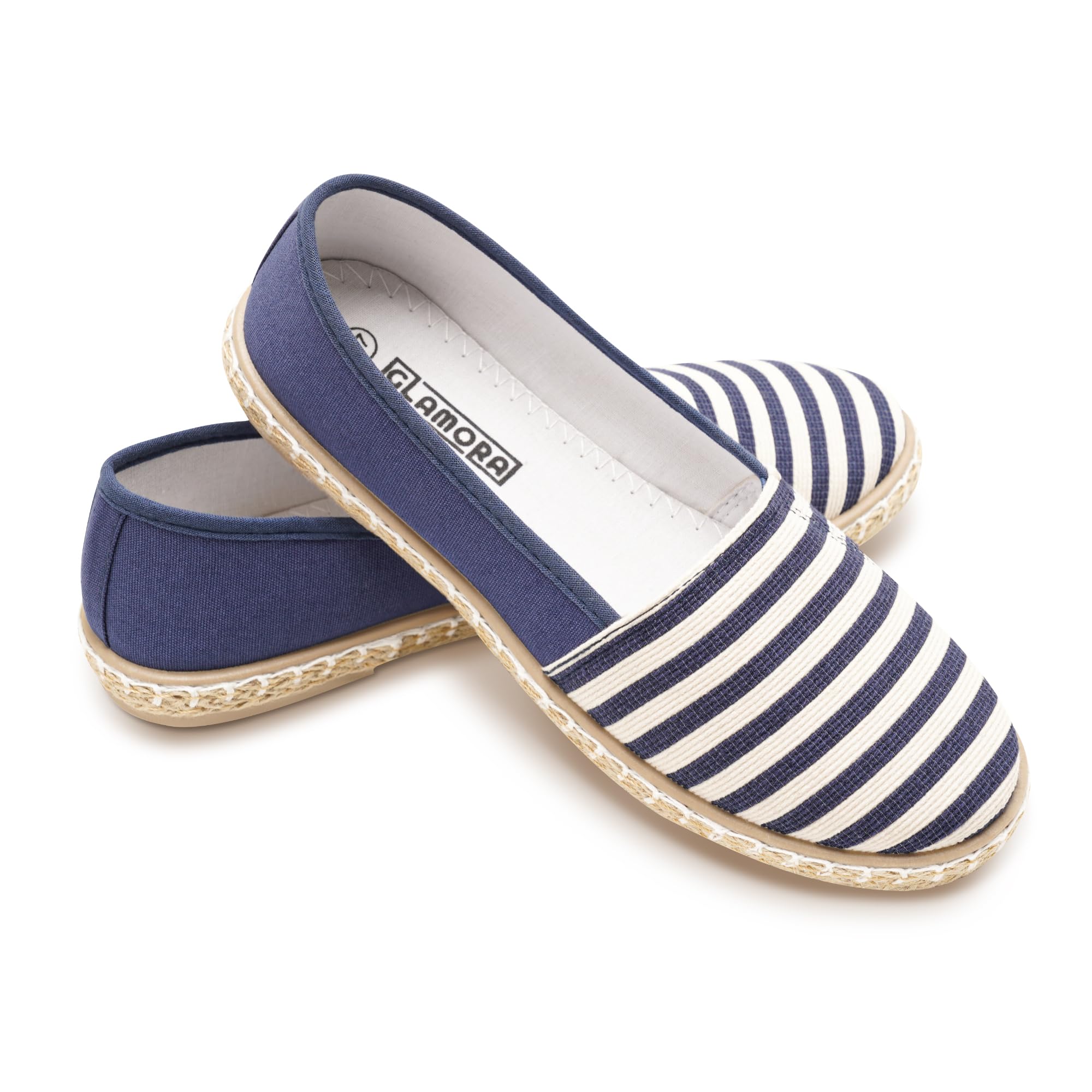 GLAMORA Alpargatas Mujer Lona a Rayas, Bailarinas Esparto Mujer Suela Goma Antideslizante, Manoletinas Planas Verano Comodas, Zapatos Slip On Mujer Ligeros Transpirables Calzado Verano Mujer
