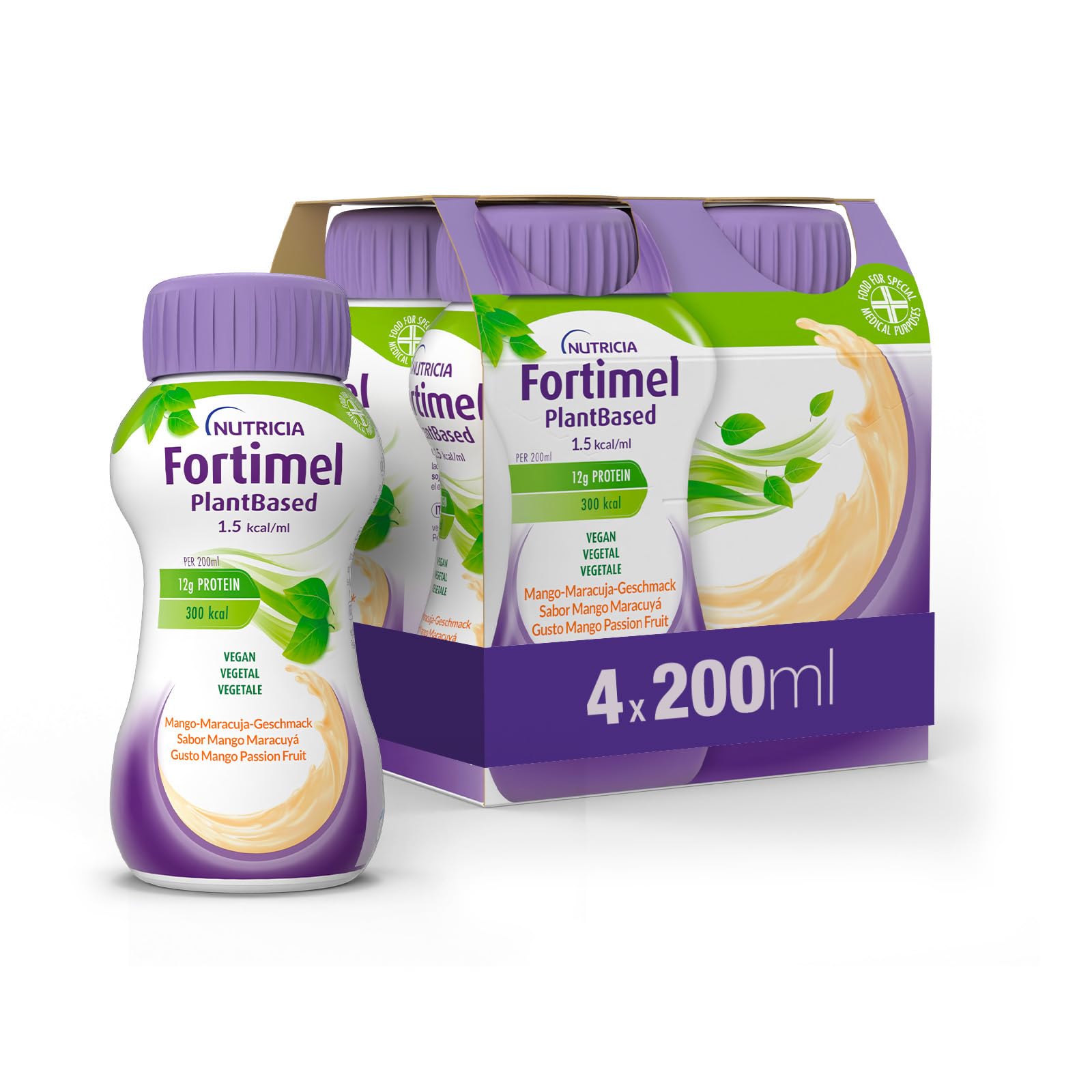 Nutricia Fortimel PlantBased Protein, Alimento a Fini Medici Speciali Indicato per la Gestione Dietetica della Malnutrizione, Vegano, Senza Lattosio, Gusto Mango e Passion Fruit - 4 x 200ml