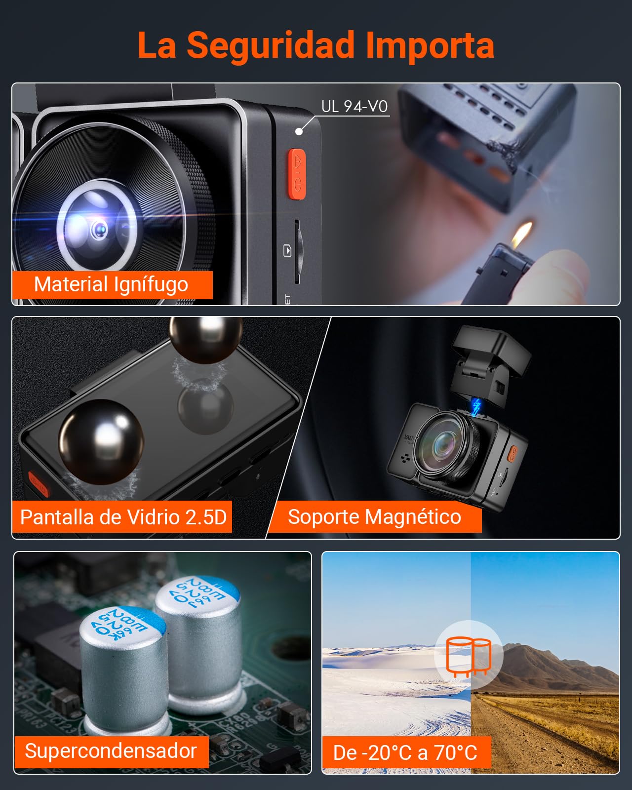VANTRUE E2 1944P+1944P Cámara de Coche 5GHz WiFi GPS, inalámbrica y controlada por Voz Trasera Delantera, WDR Night Vision Buffer Parking Mode Car Camera, 2.45 Pulgadas 320 °, 512GB máximo