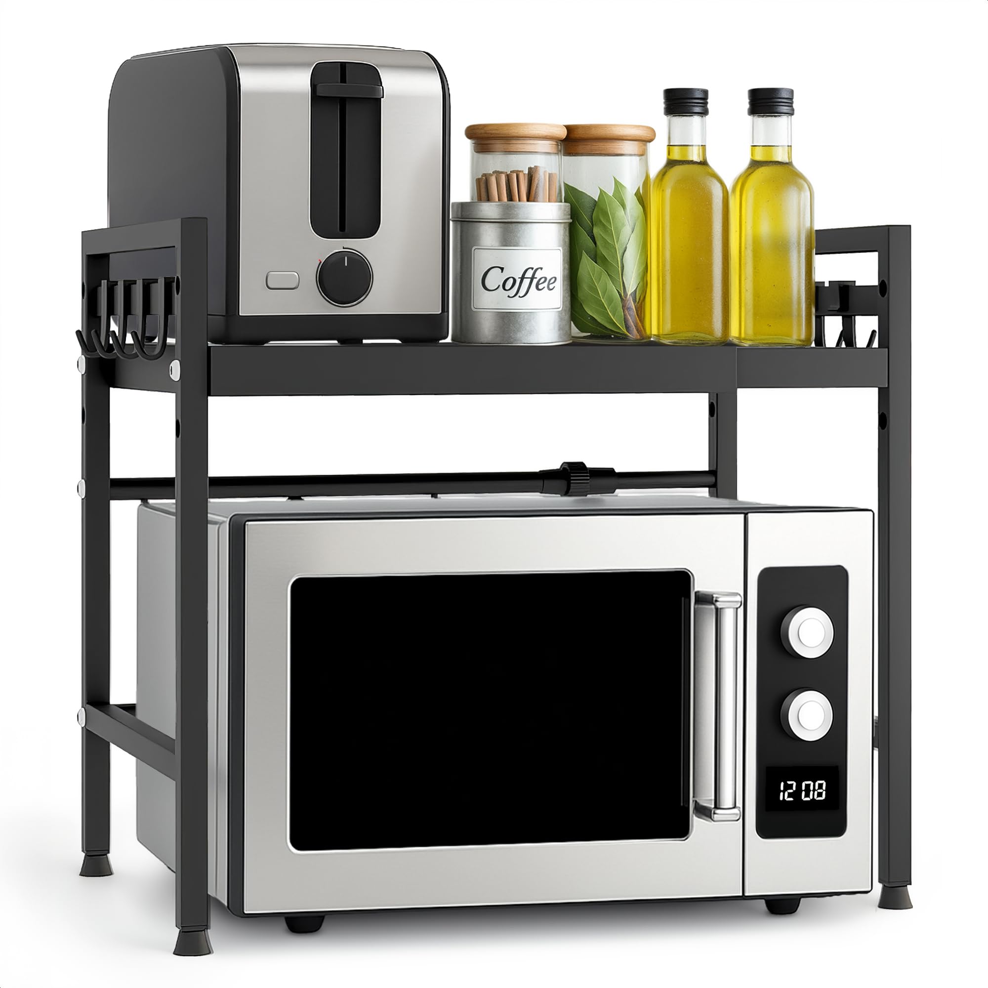 Allyson® Estantería para microondas de 2 niveles, altura ajustable, soporte para microondas, incluye 8 ganchos y patas antideslizantes, organizador de cocina para almacenamiento de cocina