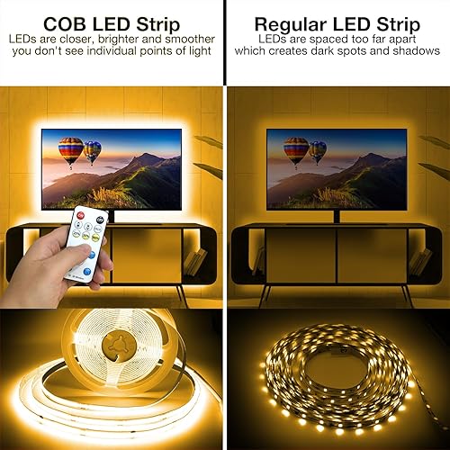 Miniatura 6 de DAYBETTER Tira LED COB inteligente, tira de luces LED de color blanco cálido de 16.4 pies, tira de luz LED regulable con control remoto de 2700 K