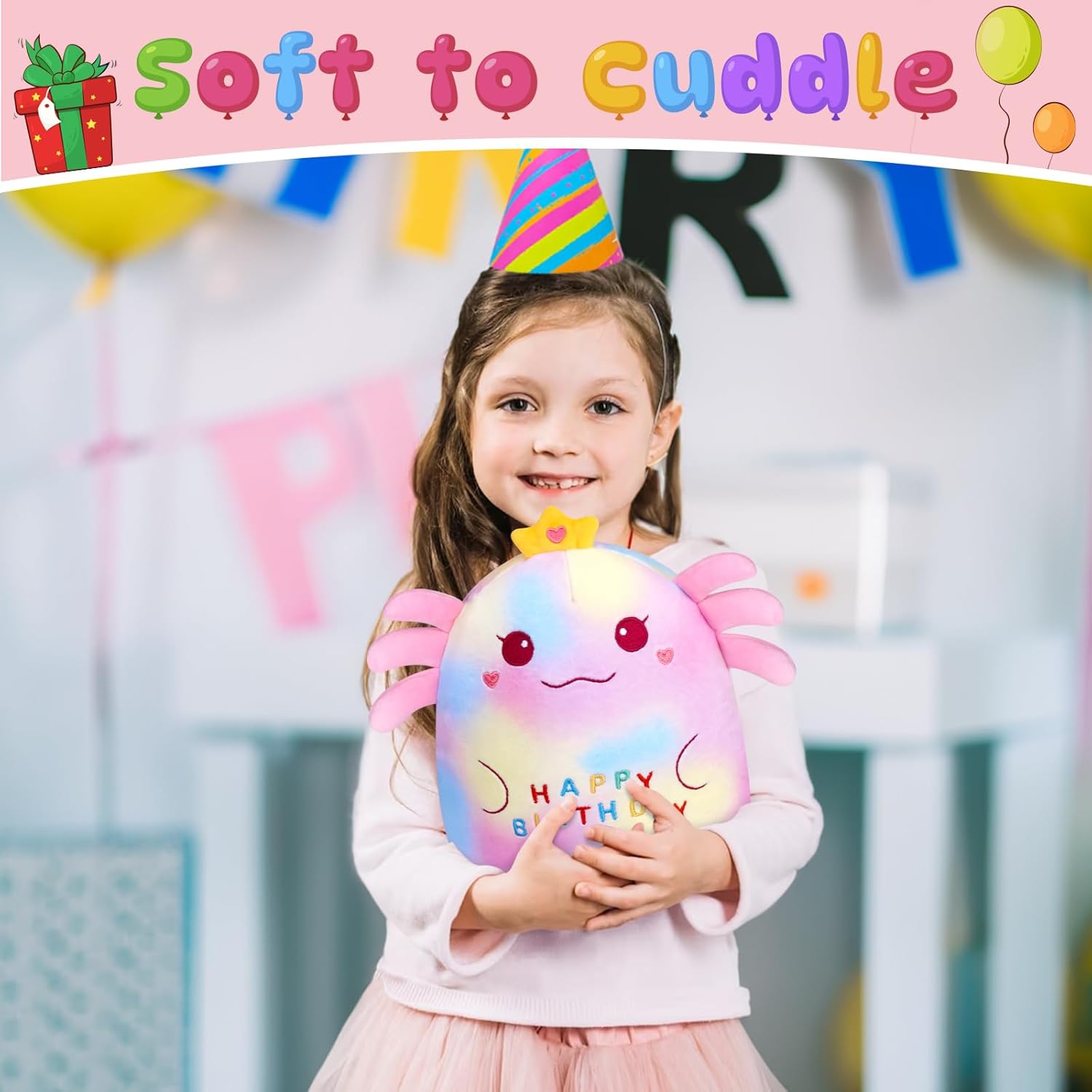 Happy Birthday Gift Axolotl Plush - 9.5 inch Axolotl Stuffed Animal with Crown Cute Plushie Soft Plush Axolotl Decorations Birthday Gift for Kids Girls Boys Adults