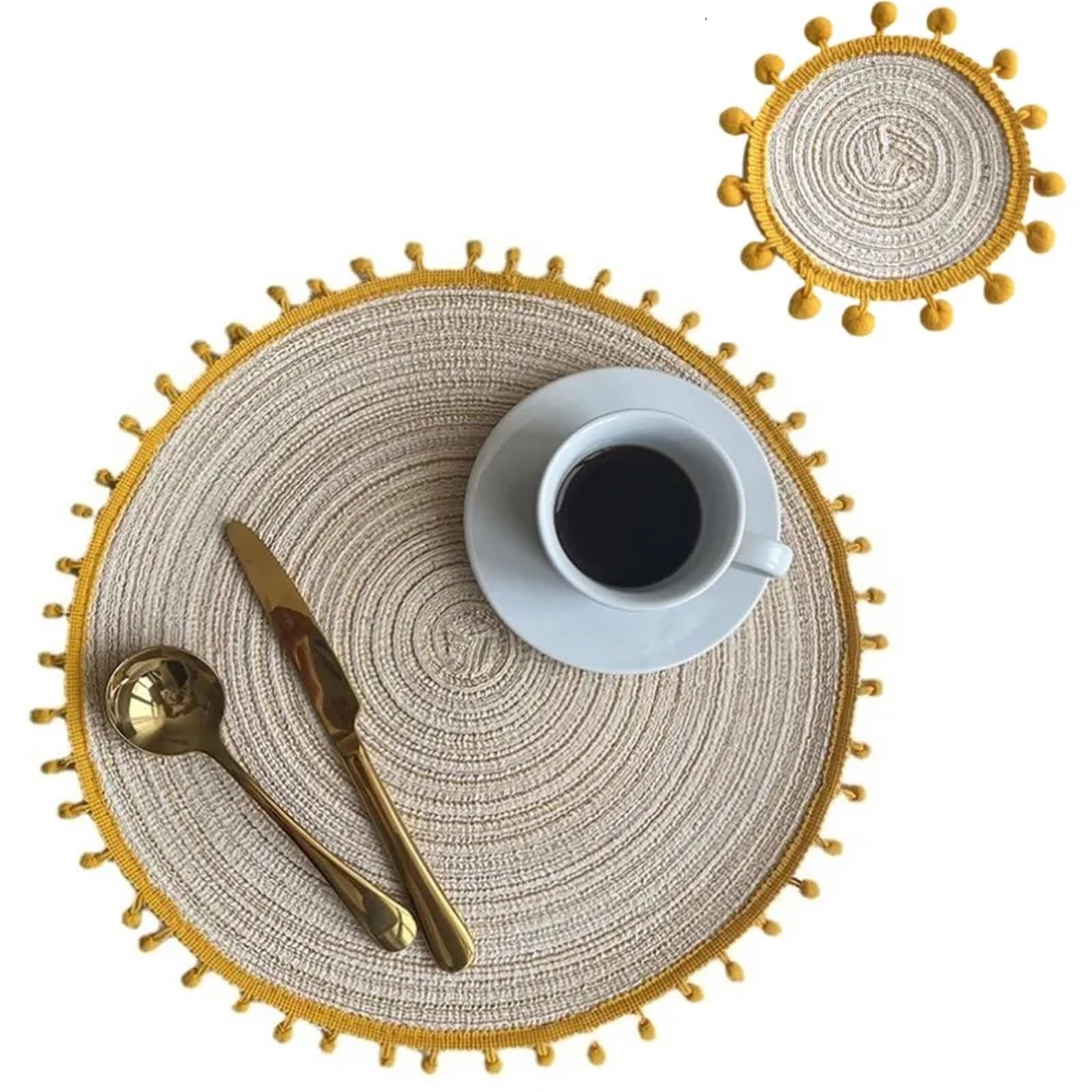 Placemats And Coaster Sets Pompom Placemats and Coaster Set Round Trivet for Hot Dish Vintage Placemat Jute Table Mats(Pom khaki)