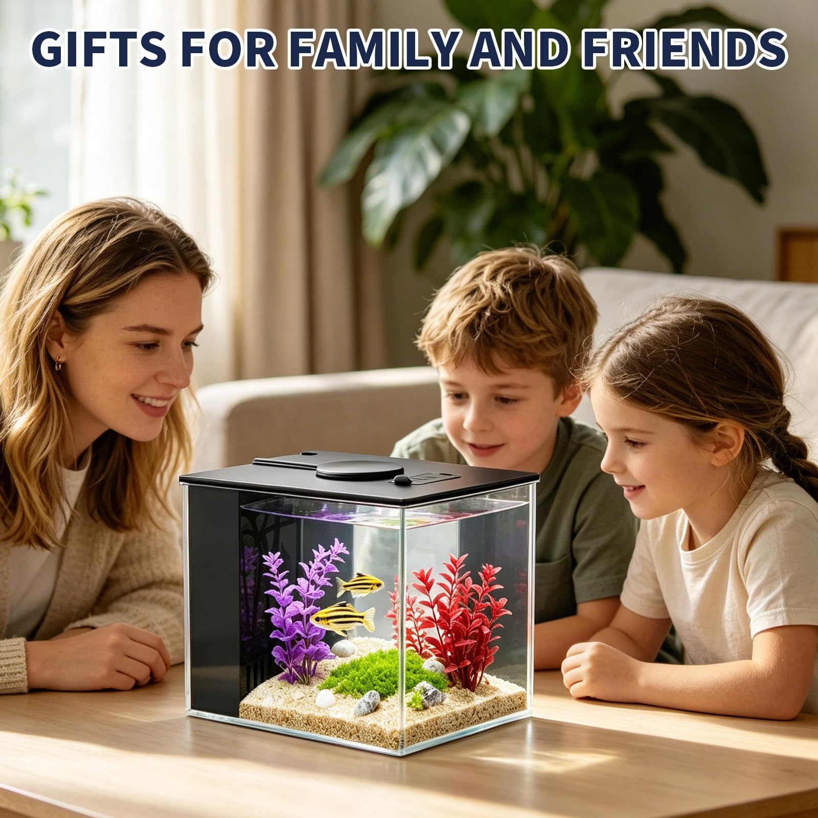 Betta Aquarium Komplettset, 3,7L Kleines Mini Aquarium aus Acryl, Schwarz | mit Filterpumpe und Eingebautem Filtersystem, LED-Beleuchtung, ideal für kleine Fische, Garnelen und Pflanzen,ohne Batterie