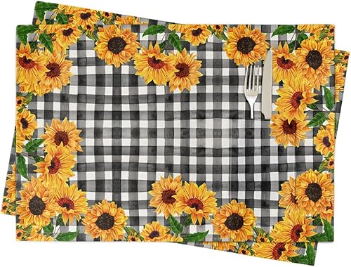 Juego de 2 manteles individuales florales de girasol de primavera para mesa de comedor, manteles individuales de tela de lino de algodón con
