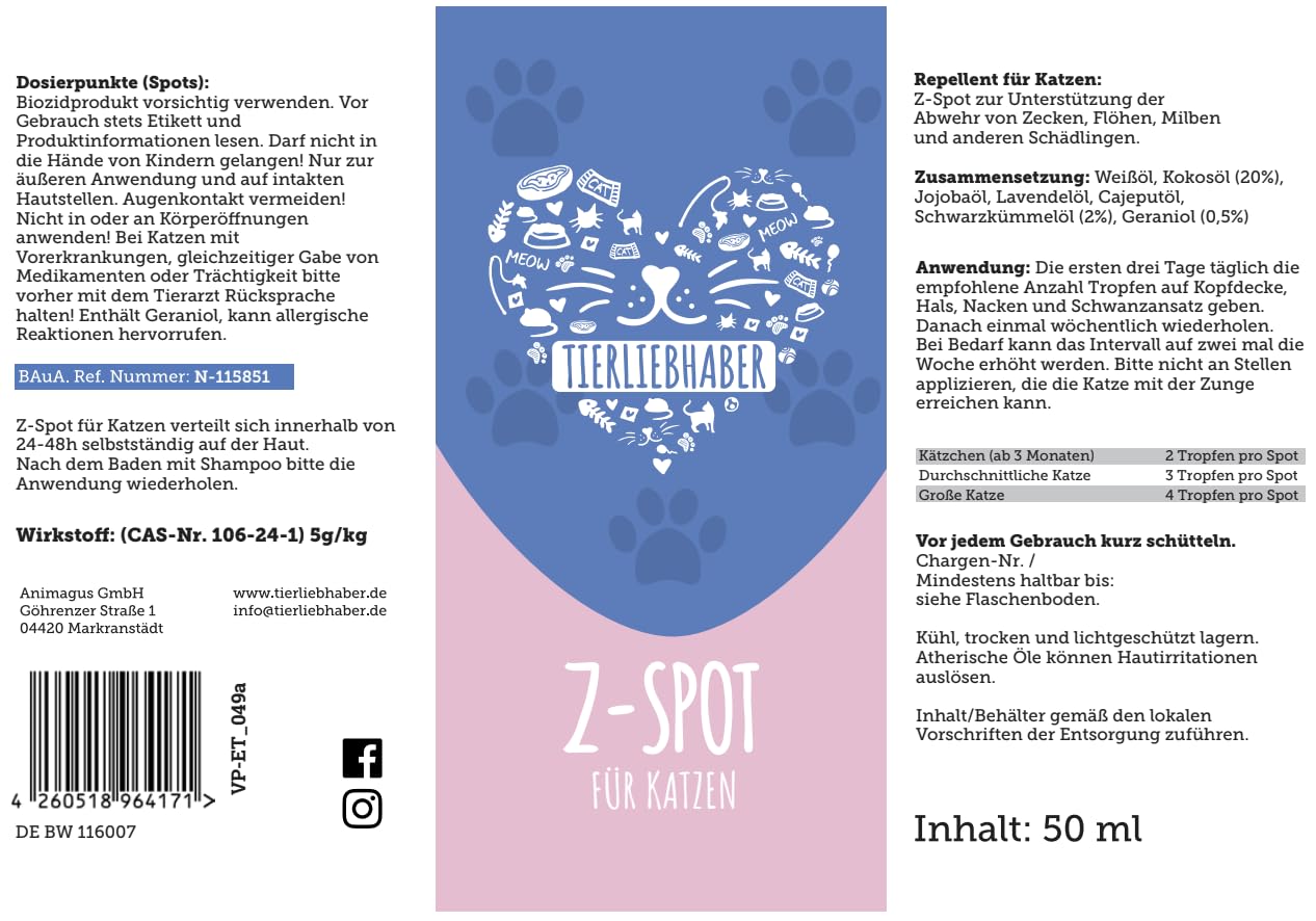 Z-Spot Zeckenschutz Katze pflanzlich – Zeckenmittel Katzen mit ätherischen Ölen – Flohmittel Katzen Zeckenschutz tierärztlich entwickelt als Spot on für Katzen – Anti Zecken Katze Mittel TIERLIEBHABER
