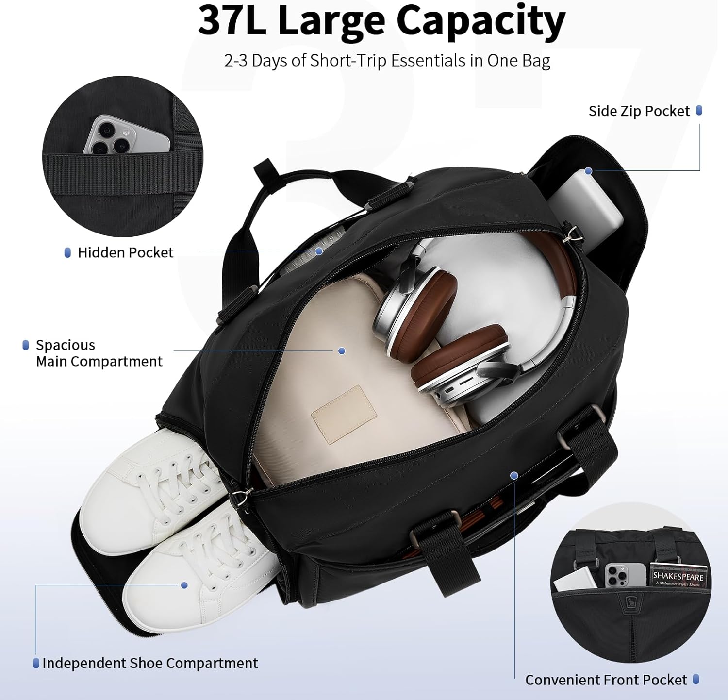 OIWAS Travel Duffle Bag, Weekender Bag with Shoe Compartment, Overnight Bags for Women Men, Duffle Bag Women, Water Resistant Hospital Bag Gym Bag for Trip, Business Trips, Sport - Image 4