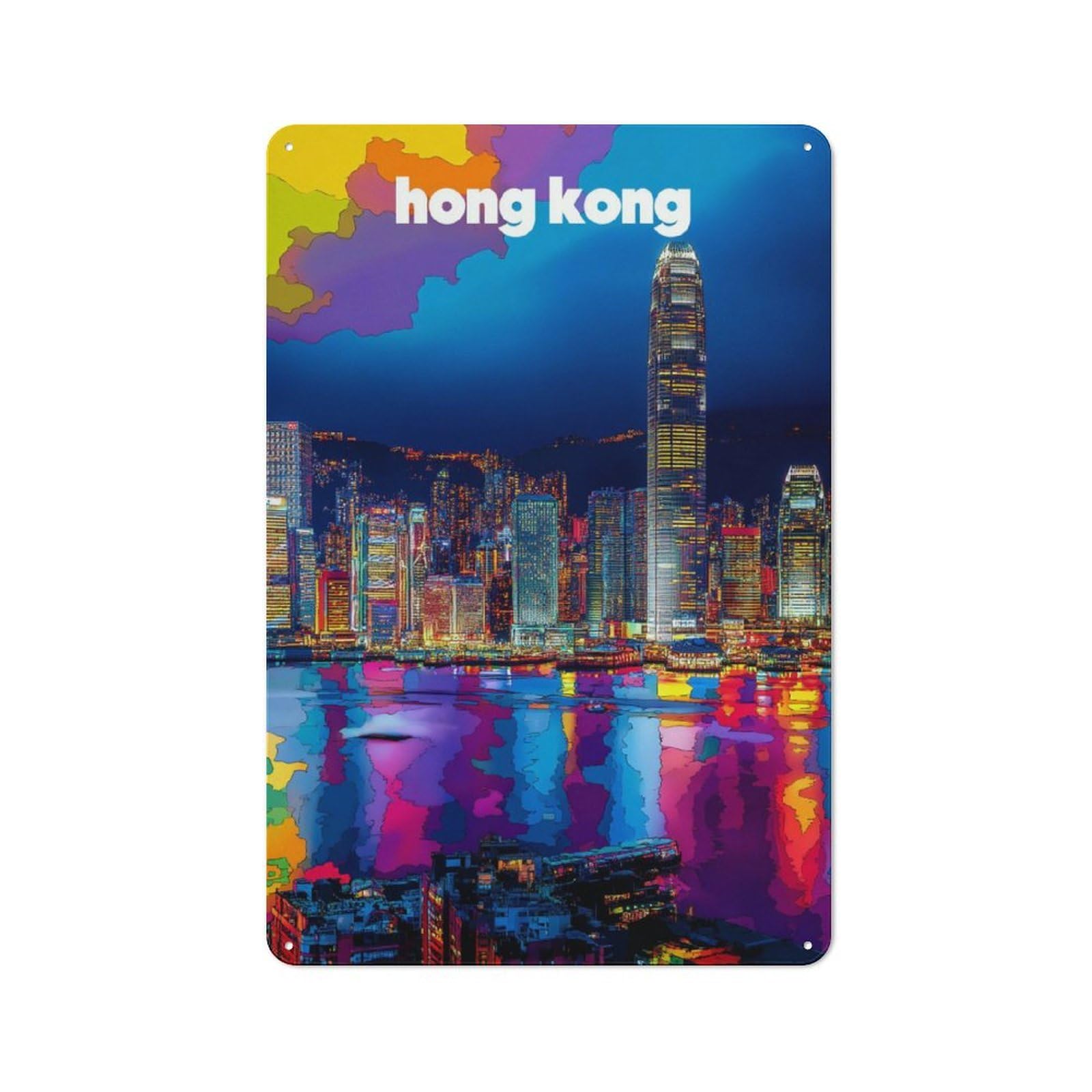 Junmoney Vibrant Hong Kong Nightscape Tin Wall Plaque 30X20cm With For Garage Or Workshop, For Living Room, Hallway And Entrance Wall Decor