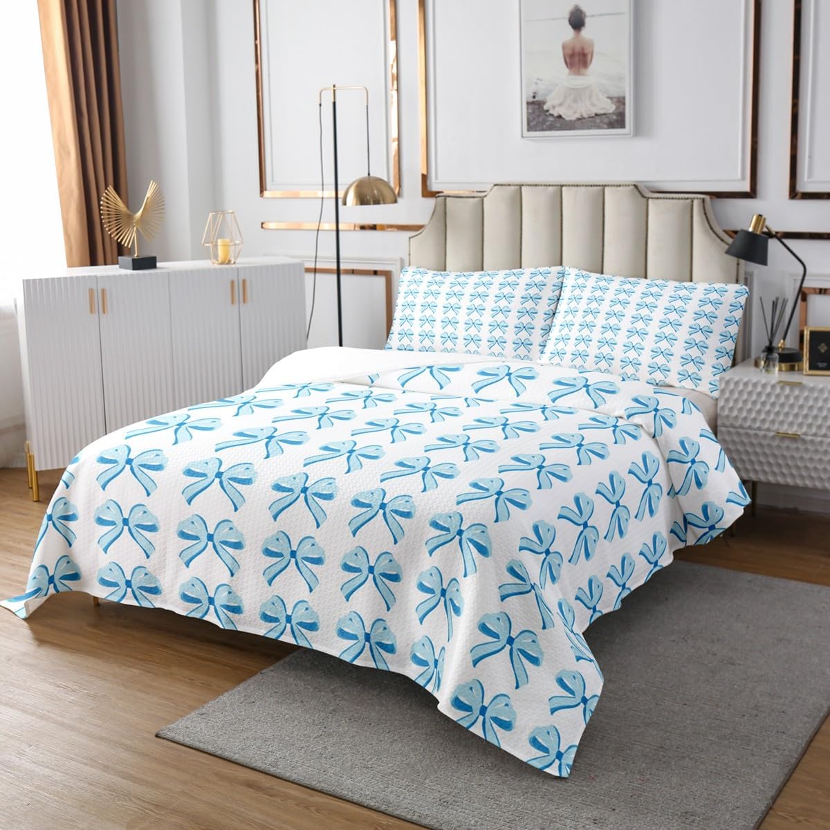 Erosebridal Kawaii Bowknot Queen Bedspread Set, Bow Tie Print Soft Quilt Set for Kids Lady Girls, Cute Blue Dreamy Princess Coverlet Set & Bedspread for Bedroom, Cartoon Girly Ribbon Bedding Sets