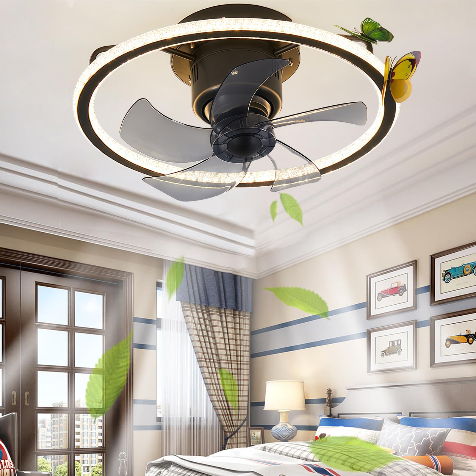 HXYSXHJUO Ceiling Fans with Lights Bluetooth Speaker Kids Room Butterfly Lamps 360°Rotation Dimmable Bedroom Fan Light Ceiling, Winter/Summer Reversible-Black