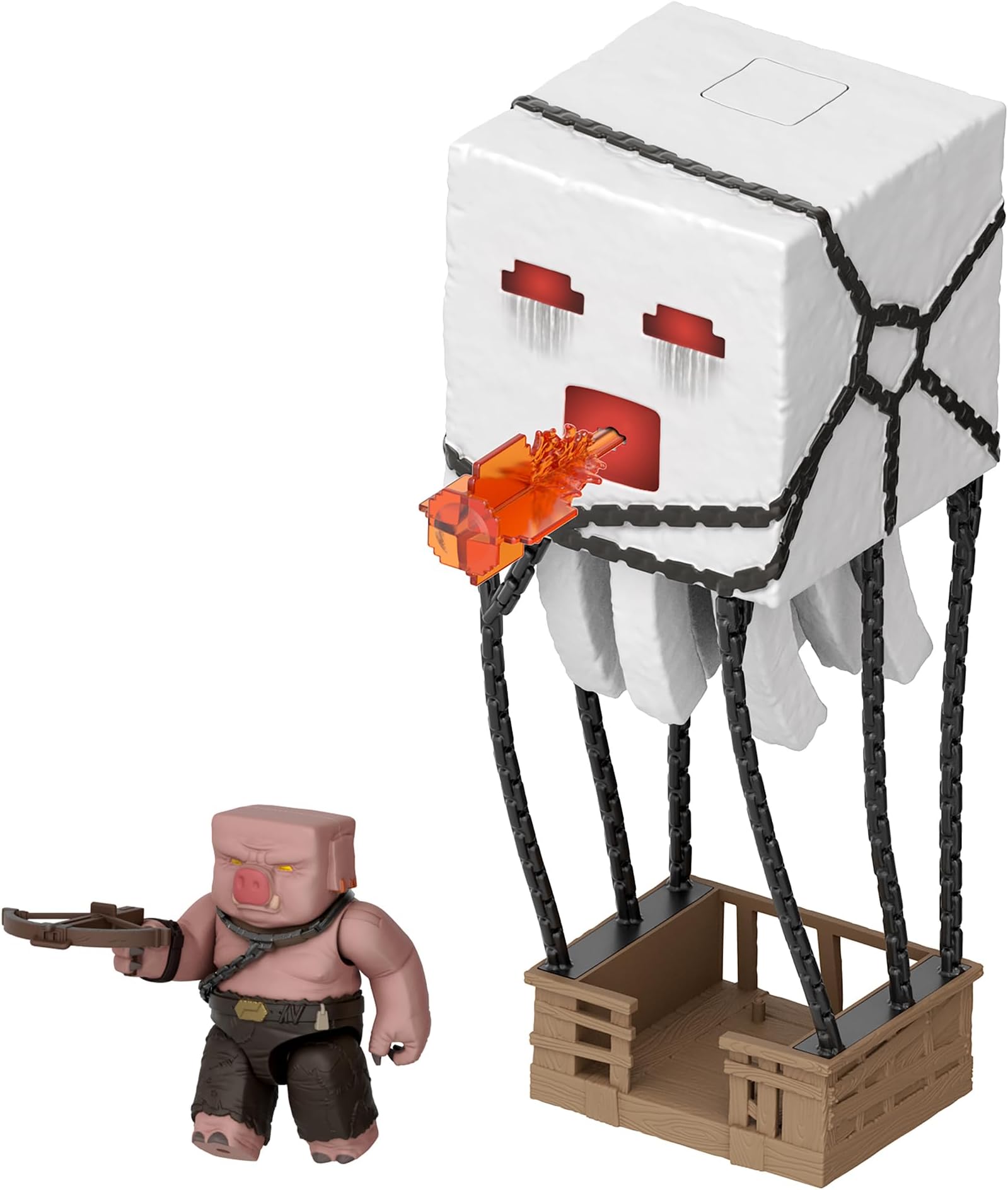 Mattel Minecraft Movie JFB69 Funny Fire Attack Gust and Crossbow Piglin Figure for Kids Ages 6 and Up White