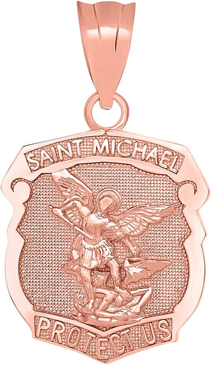 14K Yellow, White, Rose, or Two Tone Gold Saint Michael the Archangel Protect Us Shield Medal Necklace Pendant Charm