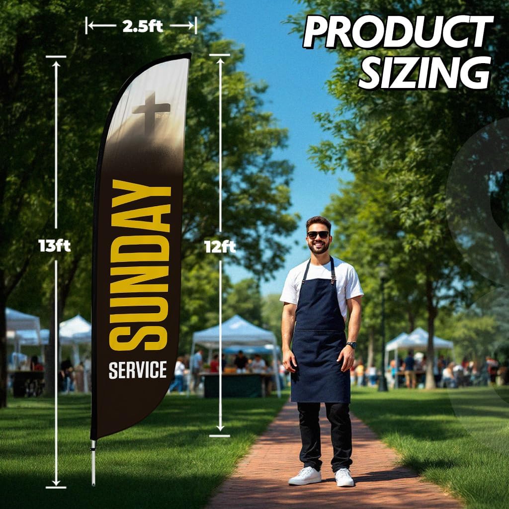 LookOurWay Feather Flag Set, 12 ft Advertising Flag with Fiberglass Poles and Ground Spike for Business Promotion, Church Theme (Sunday Service)
