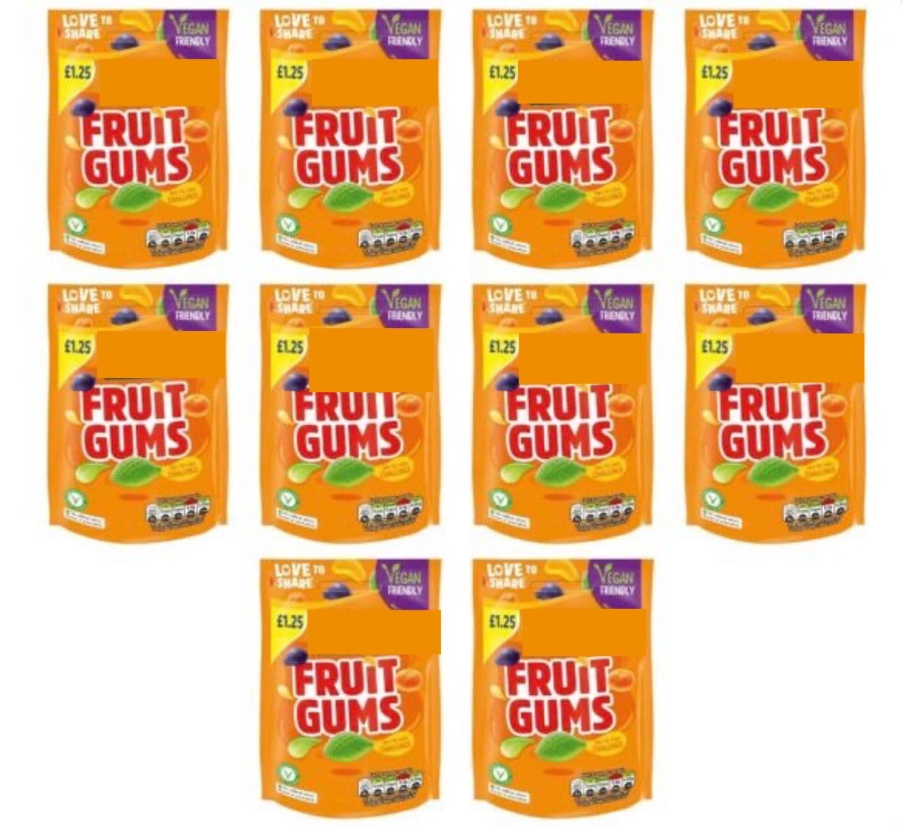 Fruit Gums Sweets Sharing Bags, Vegan Friendly Pouch, FULL BOX 10 x 120g Multipack Bulk Candy