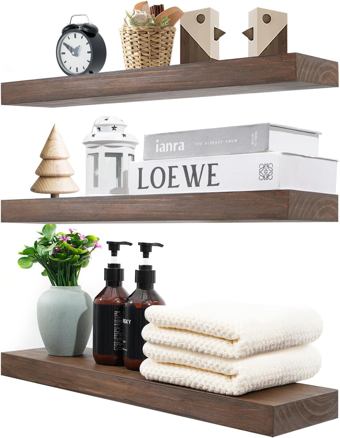 Wood Floating Shelves for Wall Set of 3, 22 Inch Rustic Walnut Floating Shelves Wall Mount, Solid Wooden Bathrooom Floating Shelves for Kitchen, Bedroom, Living Room