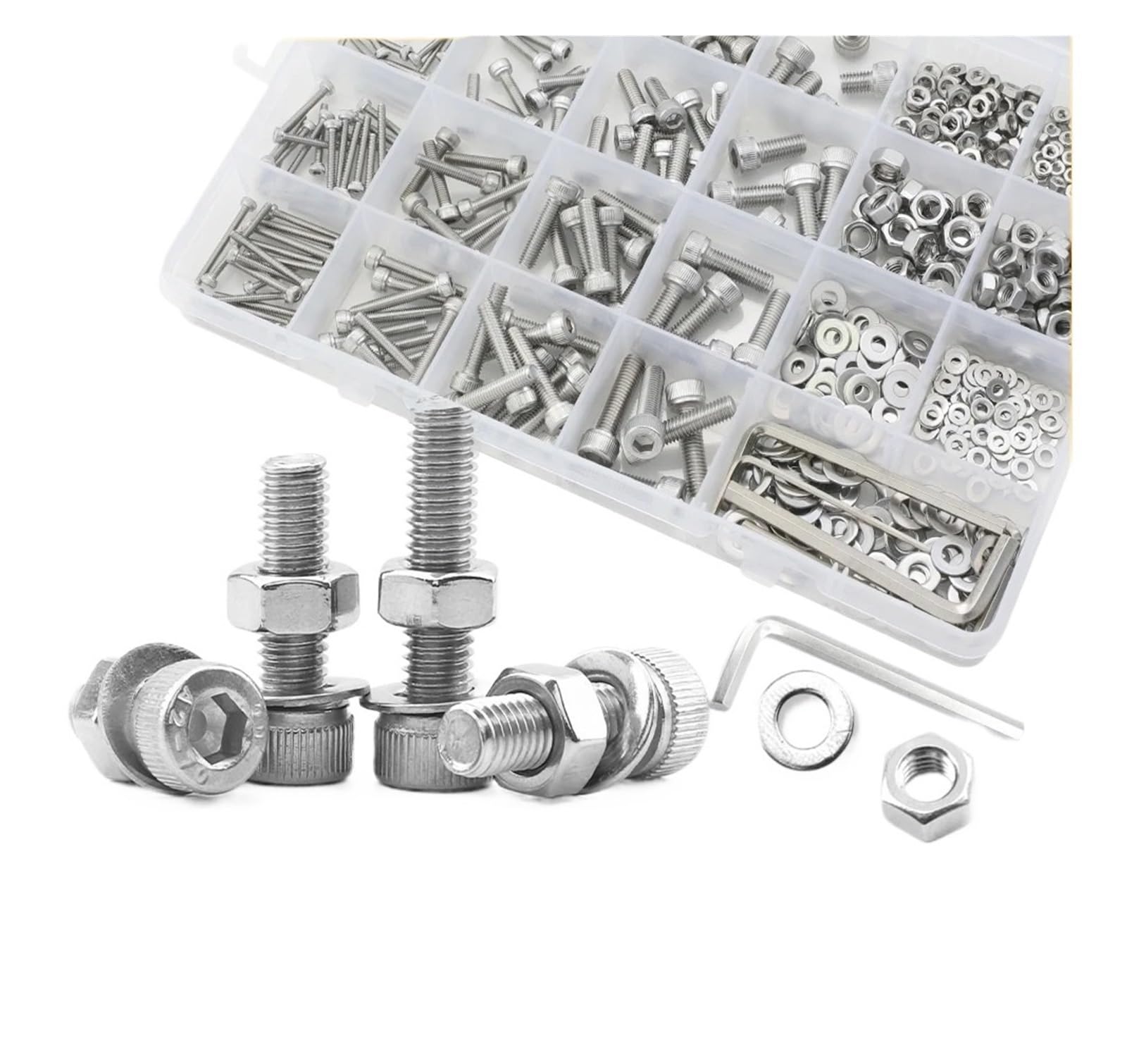 Innensechskantschrauben und Muttern M2 M2,5 M3 M4 M5 M6 Edelstahl-Inbusschrauben-Muttern-Unterlegscheiben-Sortiment-Kit(Color:M4 362pcs)