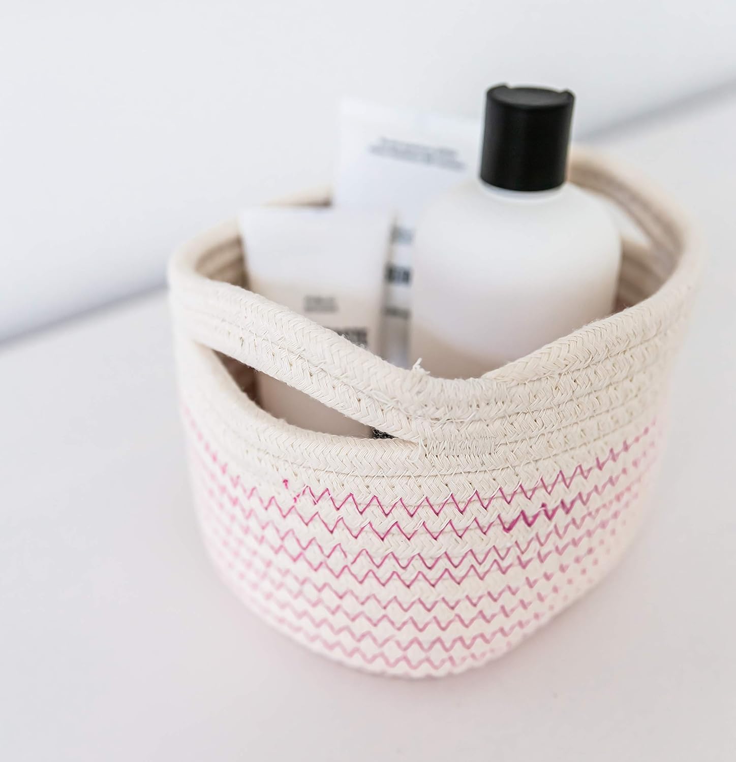 OrganiHaus Pink Baby Changing Basket, Nursery Storage Baskets for Shelves, Cotton Rope Basket w/Handles, Cloth Basket for Toys, Towel Basket Bins, Set of 3 Small Woven Basket for Storage